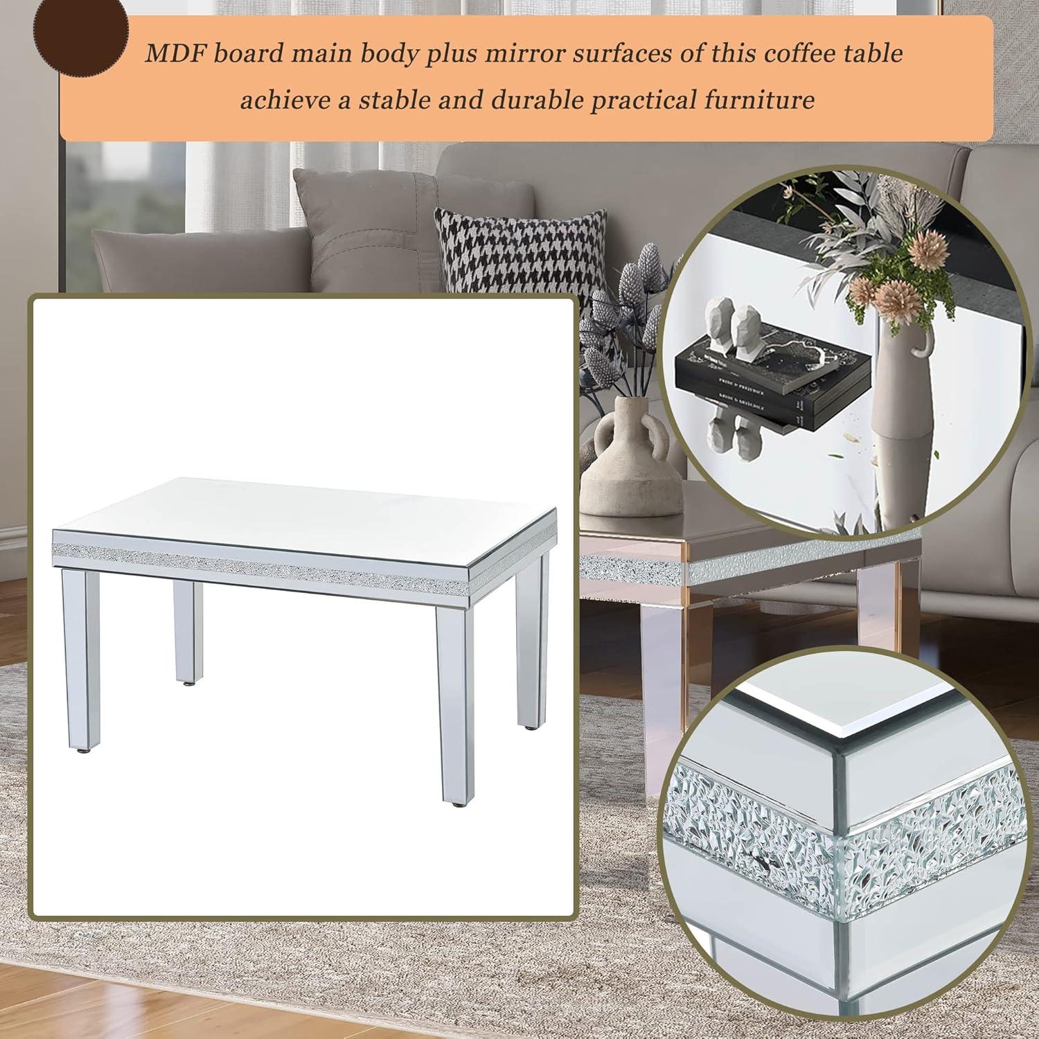 Churanty Glass Mirrored Coffee Table Modern Cocktail Table with Crystal Design and Adjustable Height Legs,Silver