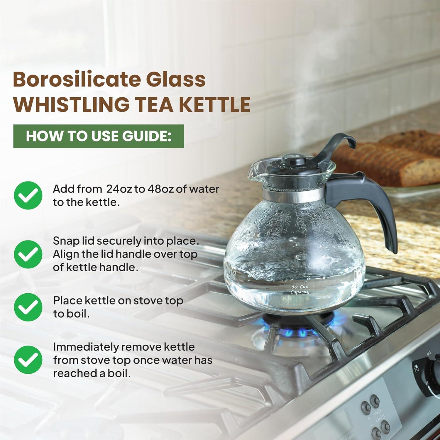 Café Brew Collection Clear Glass Whistling Tea Kettle, to Purely Brew Tea With No Metallic Taste or Other Carafe Flavors, 12 Cup Capacity