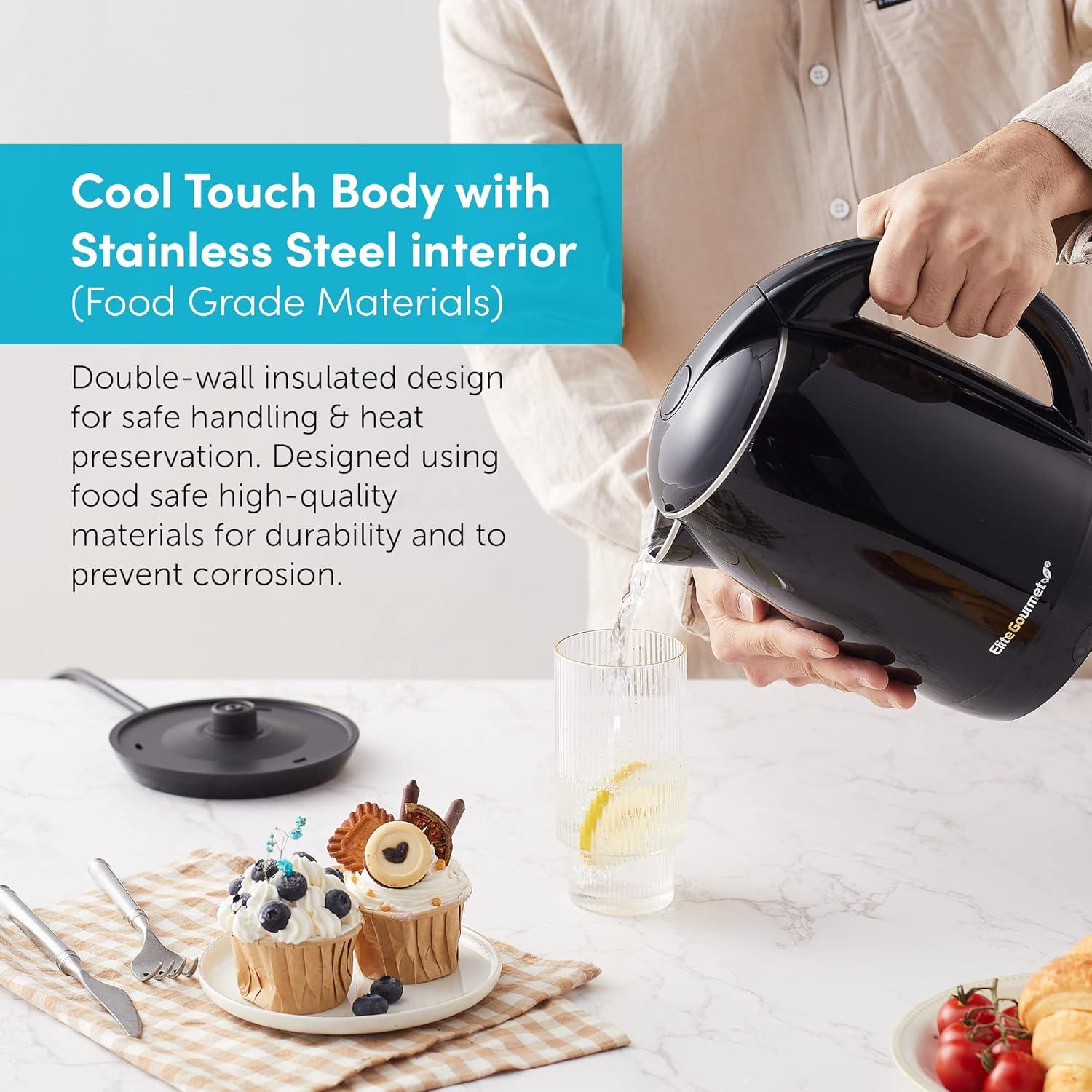Elite Gourmet 1.8L Cool-Touch Electric Kettle, Stainless Steel, Black