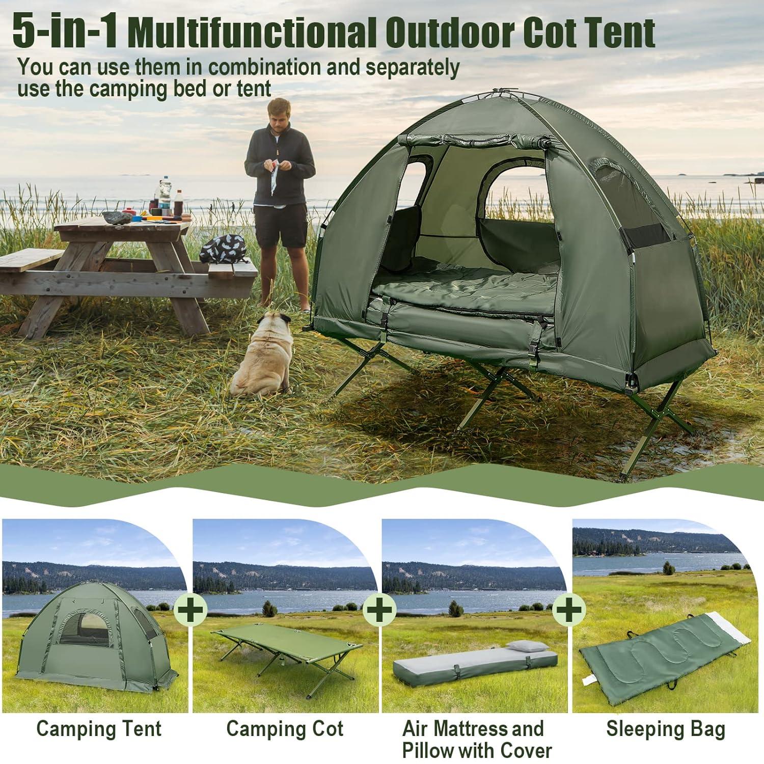 BANGTANE Tent Cot for Camping 1-Person, All-in-1 Folding Tent Combo w/Air Mattress, Sleeping Bag, Carry Bag & Foot Pump, Off Ground Travel Cot for Hiking, Backpacking, Fishing & Picnic