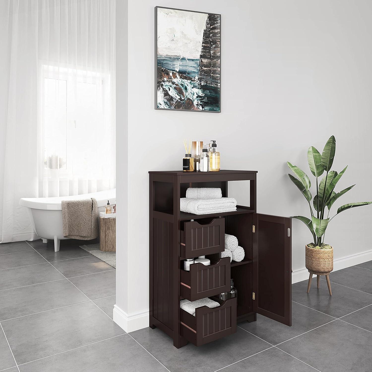 Espresso MDF Bathroom Floor Cabinet with Adjustable Shelving