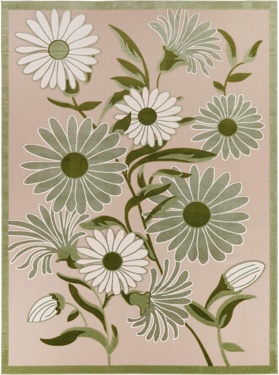 Ivory Green Floral Flatweave 9' x 12' Outdoor Rug