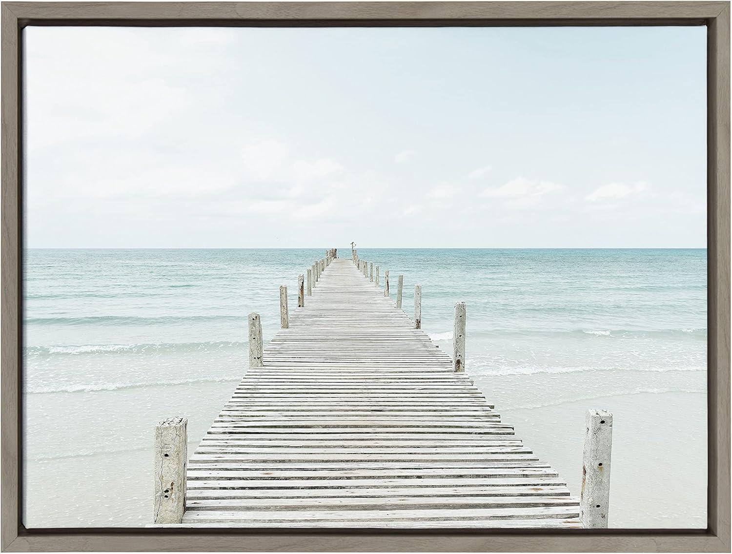 Kate and Laurel Sylvie Wooden Pier on Beach Framed Canvas by Amy Peterson Art Studio, 18x24, Gray