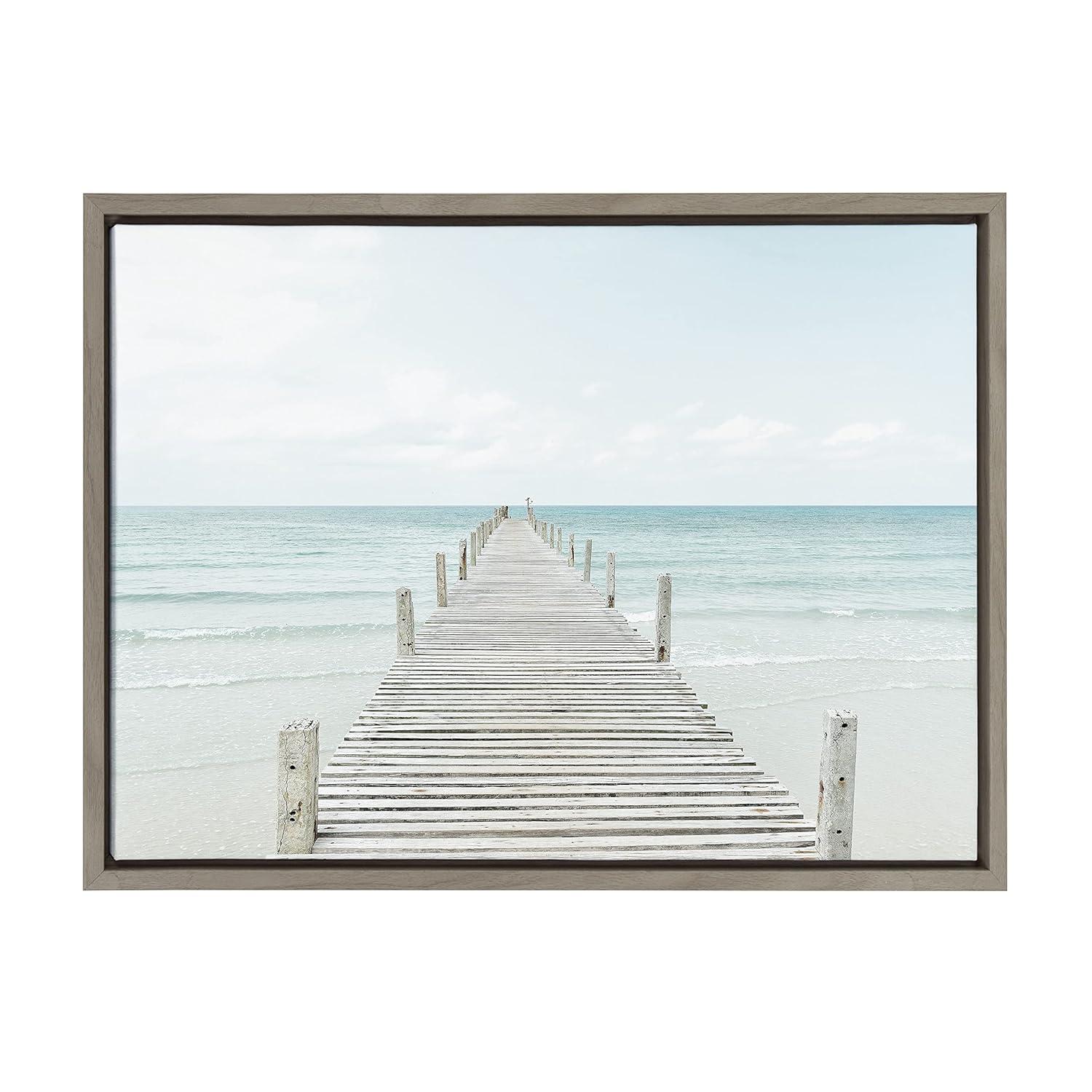 Kate and Laurel Sylvie Wooden Pier on Beach Framed Canvas by Amy Peterson Art Studio, 18x24, Gray