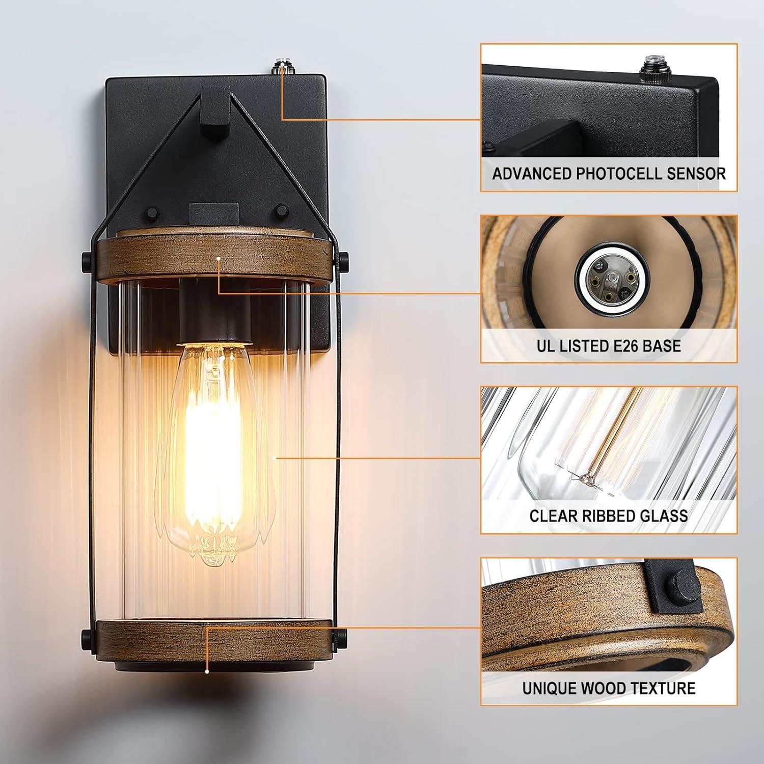 Black and Wood-Finished Metal Lantern Sconce with Clear Glass