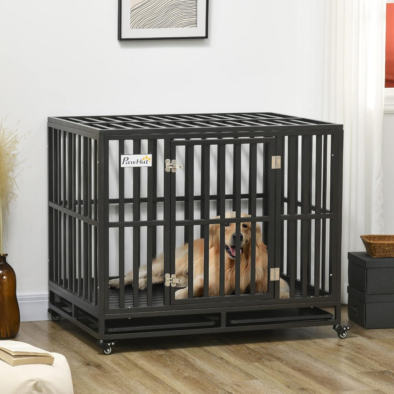 PawHut 41" Heavy Duty Dog Crate Metal Kennel and Cage Dog Playpen with Lockable Wheels, Slide-out Tray and Anti-Pinching Floor