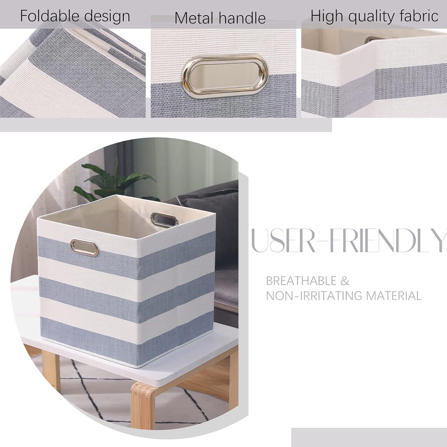 Cube Storage Bins 13×13 Fabric Foldable Box with Handles, Collapsible Organization Basket Set of 4 Large Capacity Drawer for Closet Shelf Cabinet Bookcase Bedroom, Grey-white Stripes