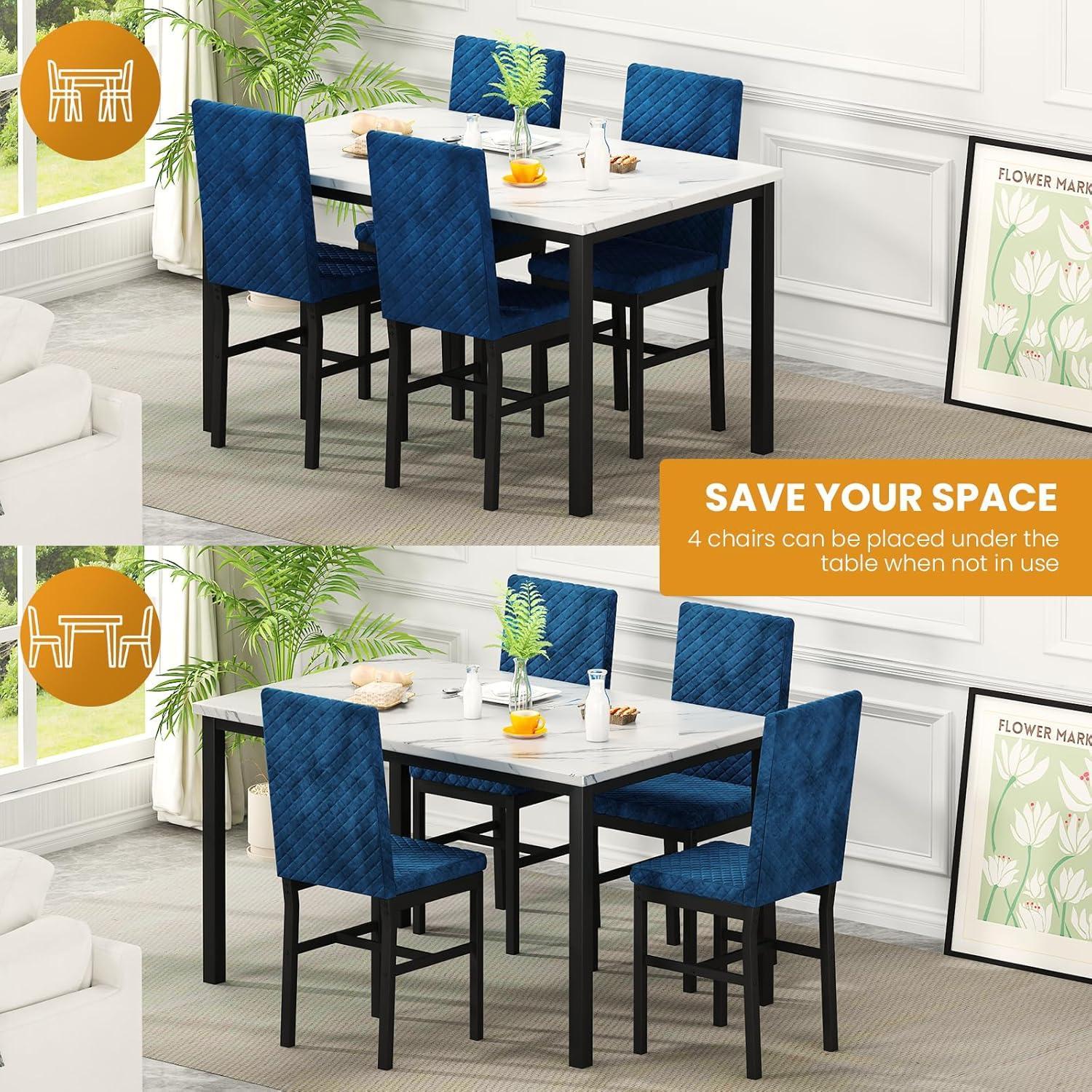 Lamerge Juego de Mesa de Comedor para 4, Juego de Mesa y Sillas de Cocina de 4, Juego de Mesa de Comedor de Mármol Sintético con 4 Sillas Tapizadas de Terciopelo para la Cocina Del Hogar, Blanco y Azul