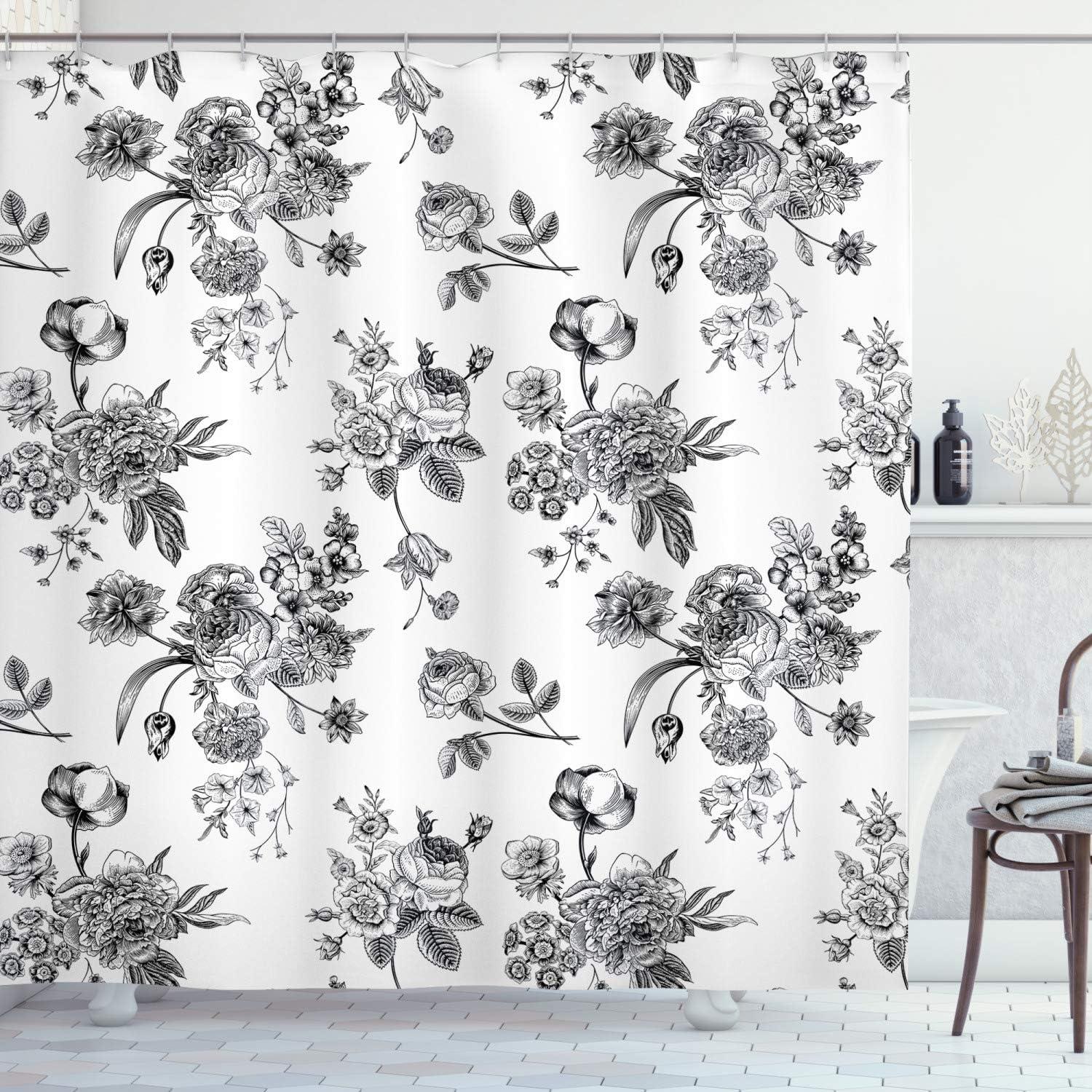 Vintage Floral Black and White Polyester Shower Curtain, 69" W x 84" L