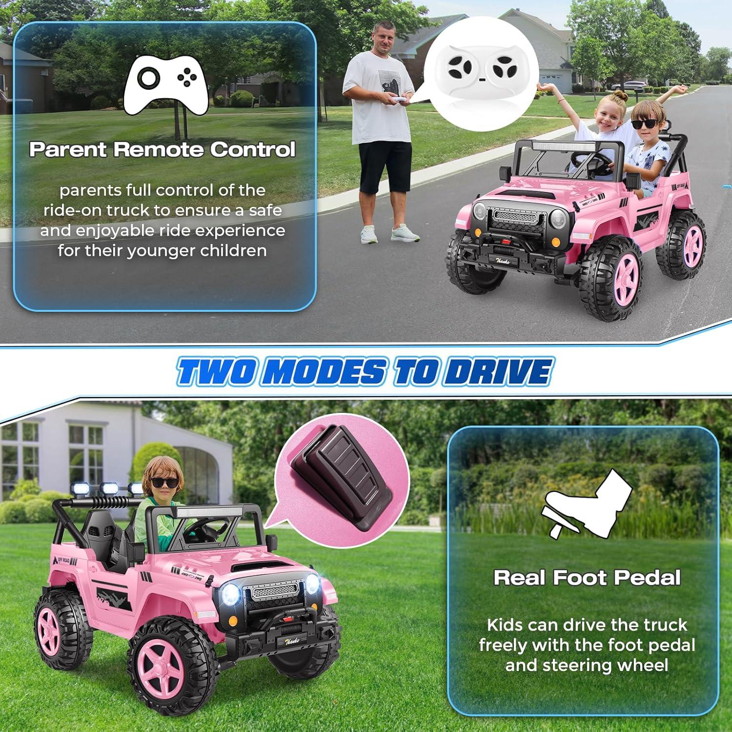 Ancheer 24V 4WD//2WD Ride On Jeep Truck,2 Seater Kids UTV With 4X200w Powerful Engine,Remote Control,Bluetooth,20 Wide Seat,Vehicles for Kids Toddlers