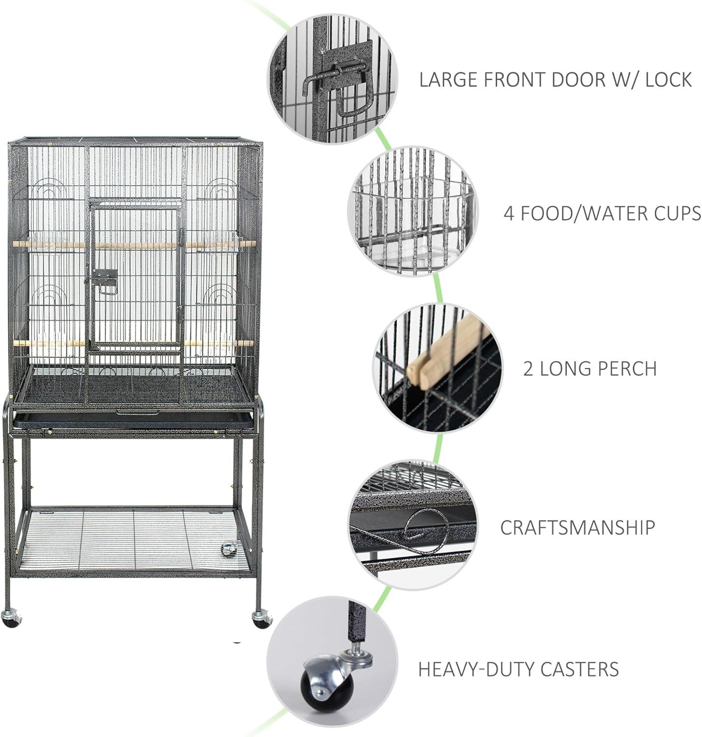 SUPER DEAL 53-Inch Rolling Bird Cage Large Wrought Iron Cage for Cockatiel Sun Conure Parakeet Finch Budgie Lovebird Canary Medium Pet House with Rolling Stand & Storage Shelf