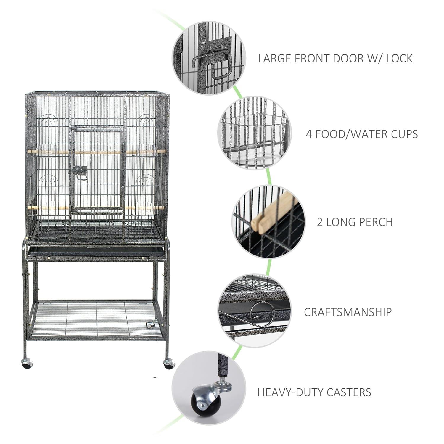 SUPER DEAL 53-Inch Rolling Bird Cage Large Wrought Iron Cage for Cockatiel Sun Conure Parakeet Finch Budgie Lovebird Canary Medium Pet House with Rolling Stand & Storage Shelf