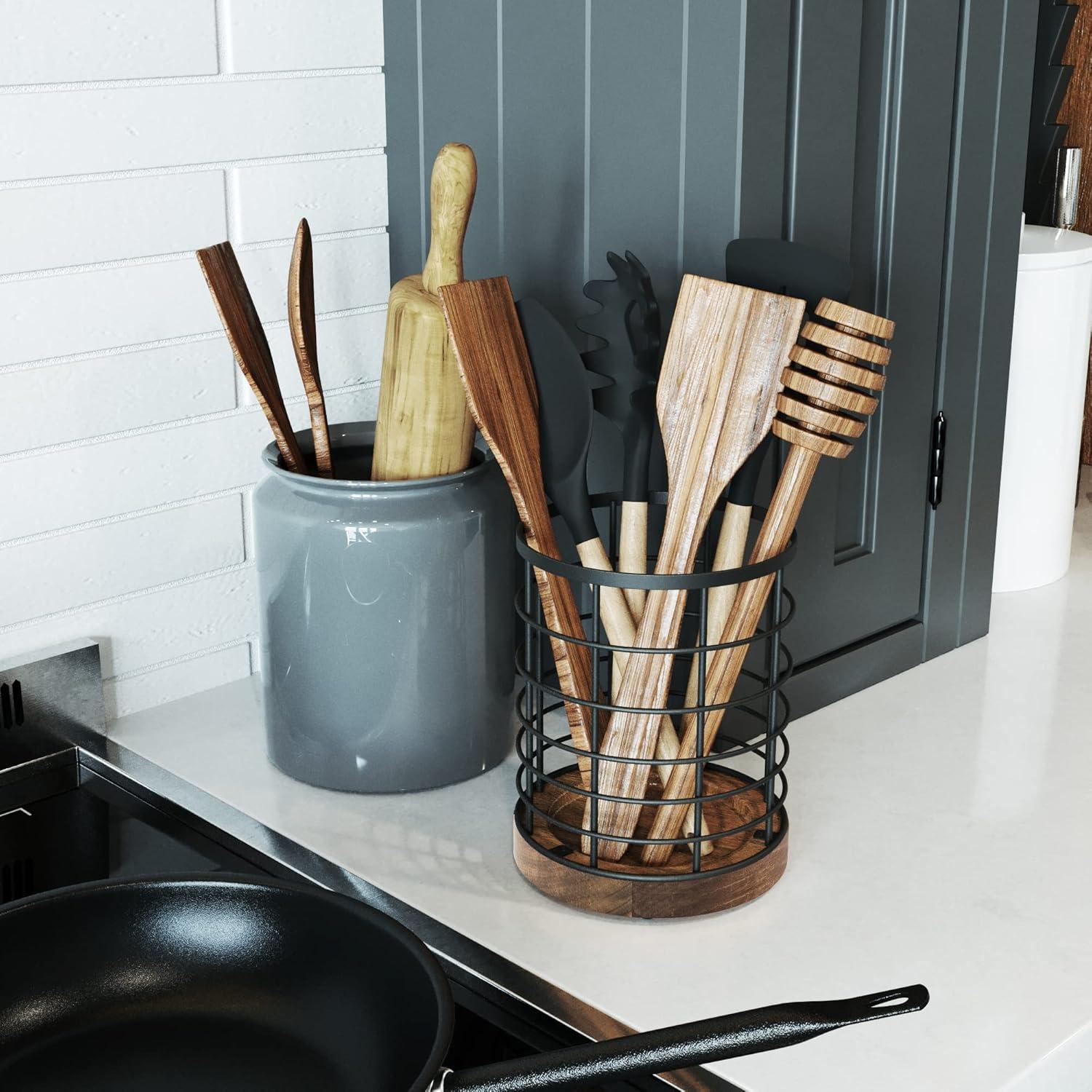 Utensil Holder for Kitchen Counter,Black Wire with Wooden Base Countertop Utensil Holder, Large Wooden Cooking Utensil Holder, Kitchen Utensil Organizer.