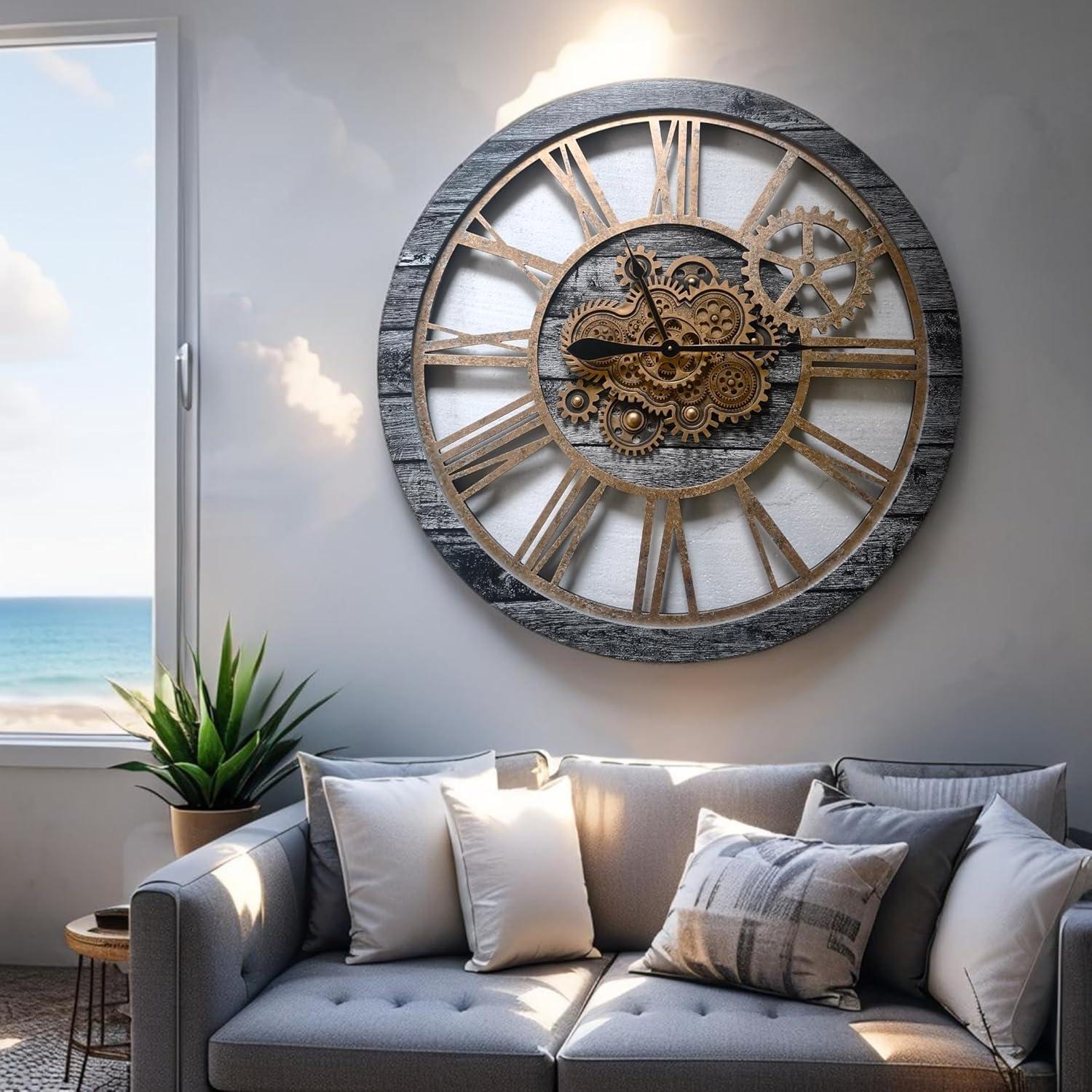 The Gears Clock Wall Clock 36" Round Oversized for Living Room decor with Real Moving Gears America Collection