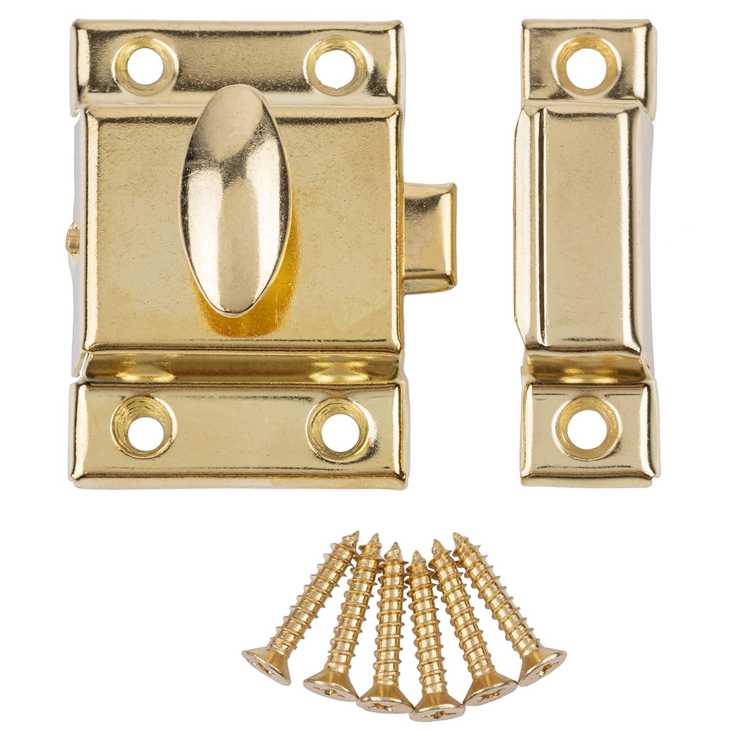 Large Stamped Brass Stamped Cabinet Door Latch - 2 1/8" × 2 1/8" - Spring Loaded Cupboard Door Latch with Oval Turn - Vintage Cabinet Hardware | UA-140-LPB (1)