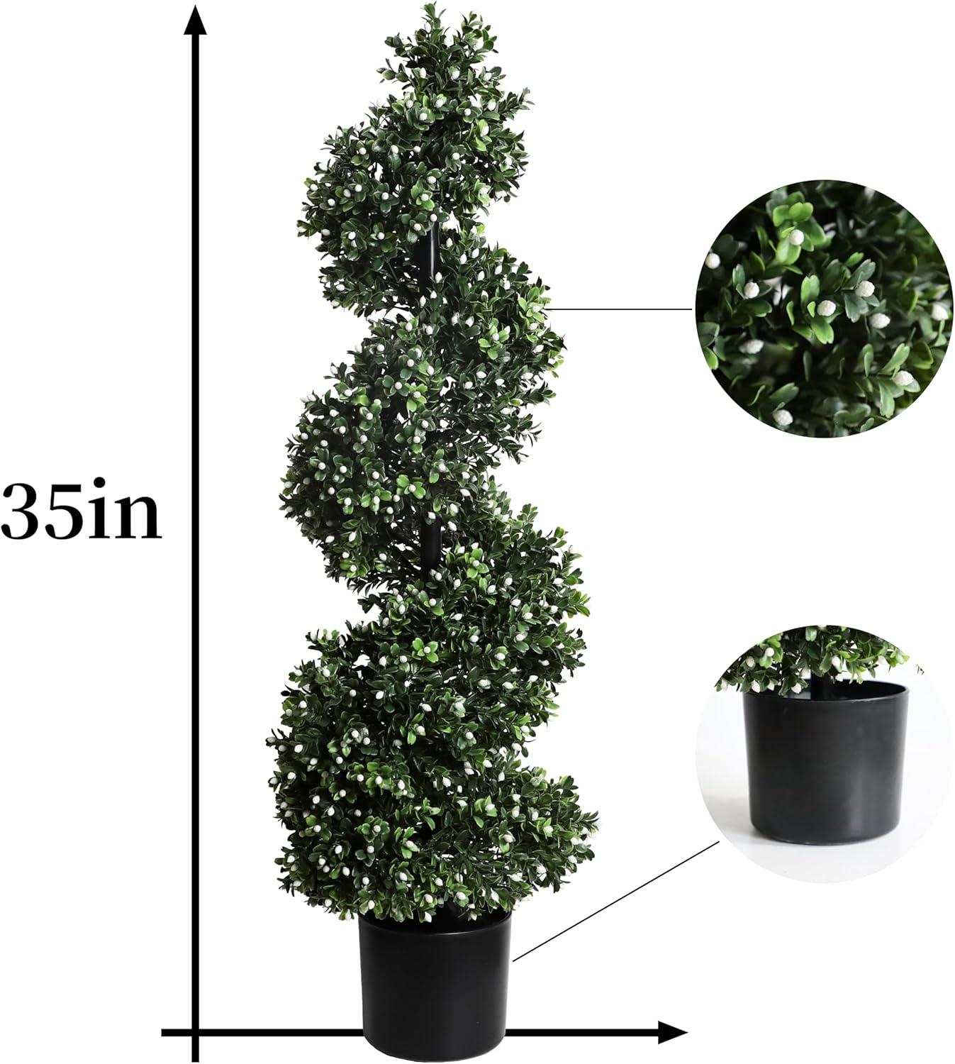 DSstyles 35 Inch Artificial Boxwood Topiary Outdoor Set of 2, Faux Plant Spiral Tree in Pot, All-Year Green Fake Plant for Indoor Front Door Porch Garden Decor