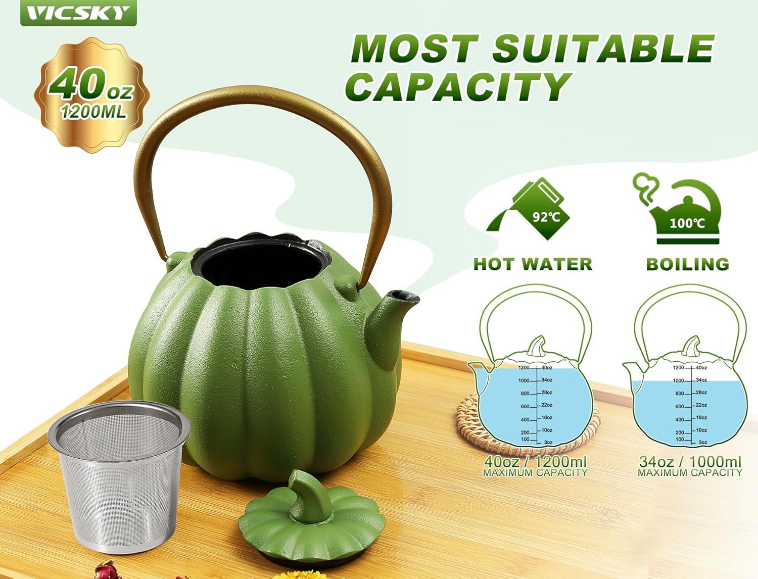 Ophelia & Co. Orange Pumpkin Cast Iron Teapot, Natural Pumpkin Color, Japanese Cast Iron Tea Kettle Stovetop Safe With Infuser, Creative Pumpkin Halloween Teapot(40Oz/1200Ml, Orange)