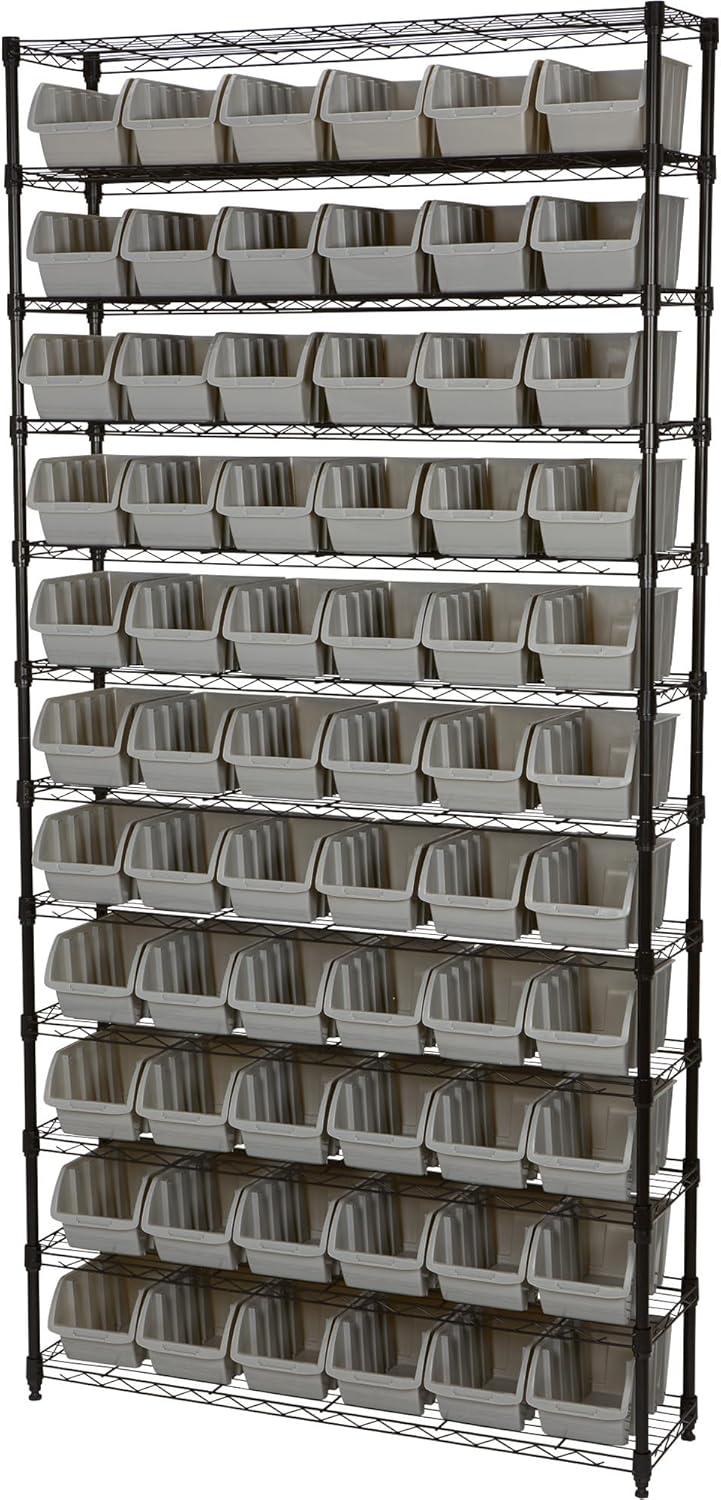 Chrome 12-Tier Shelving Unit with Gray Polypropylene Bins