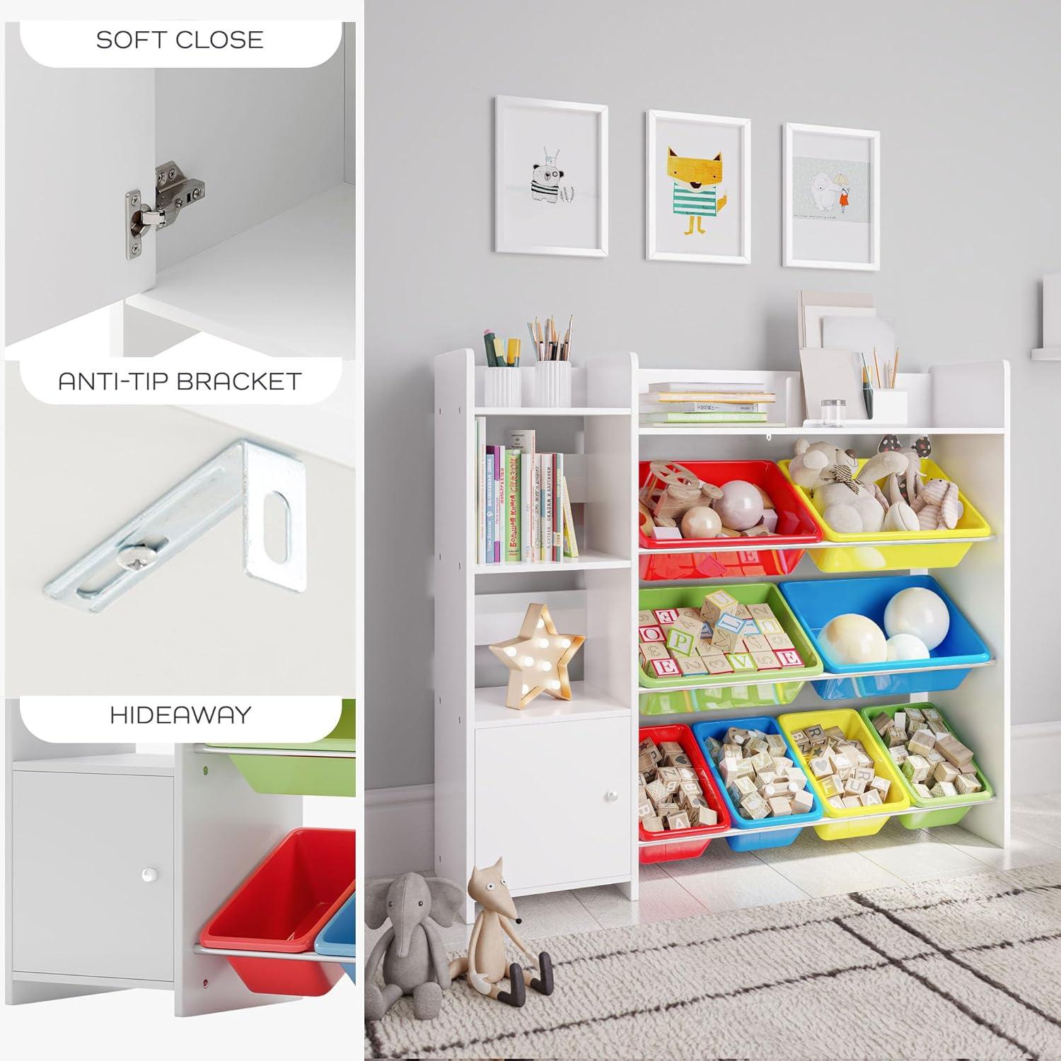 Sturdis Toy Storage Organizer with Bookshelf, Kids Playroom Organization Shelving Unit with Removable Colorful Storage Bins & Anti-Tip Bracket, White