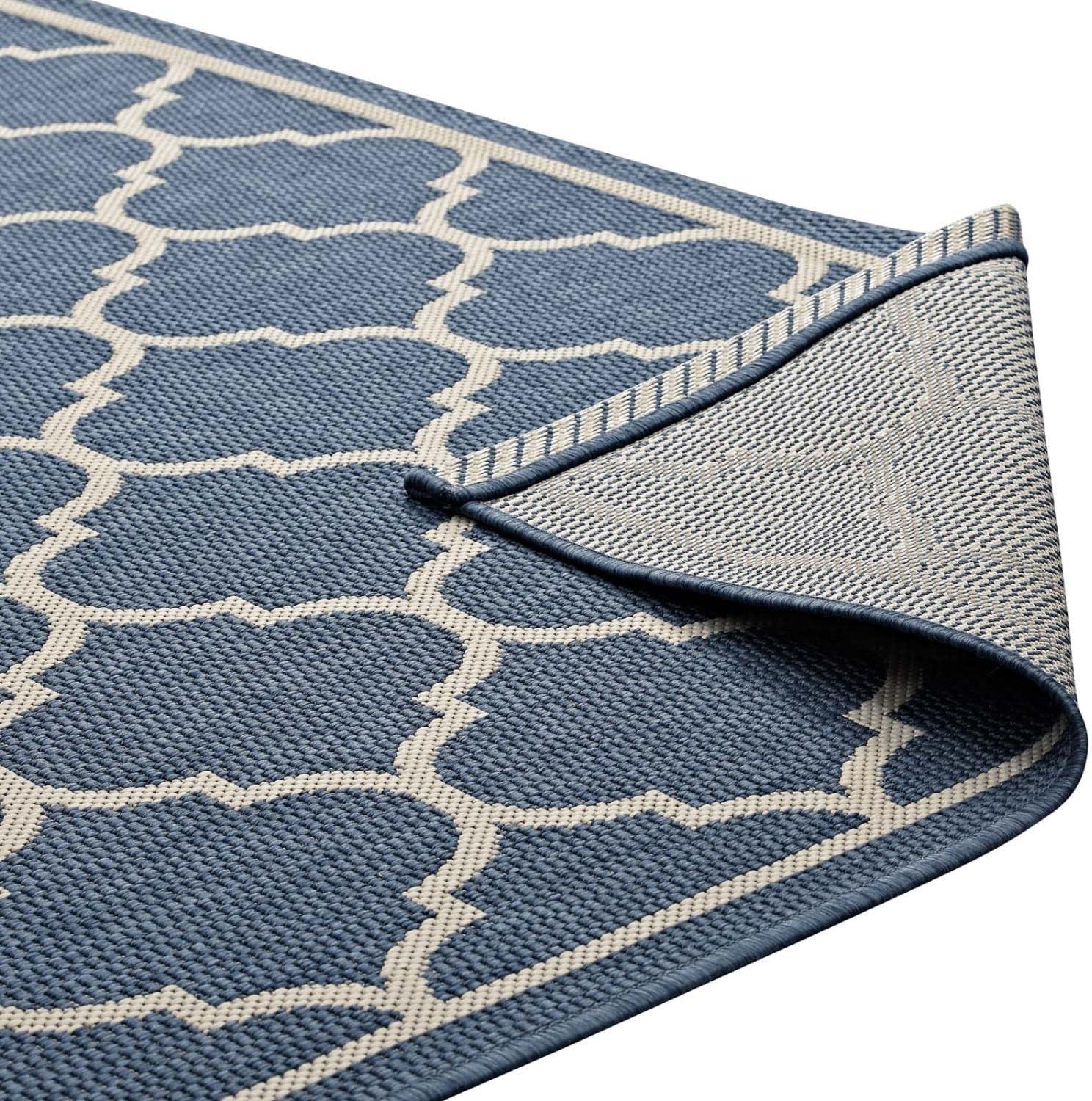 Blue and Beige Rectangular Trellis Synthetic Area Rug