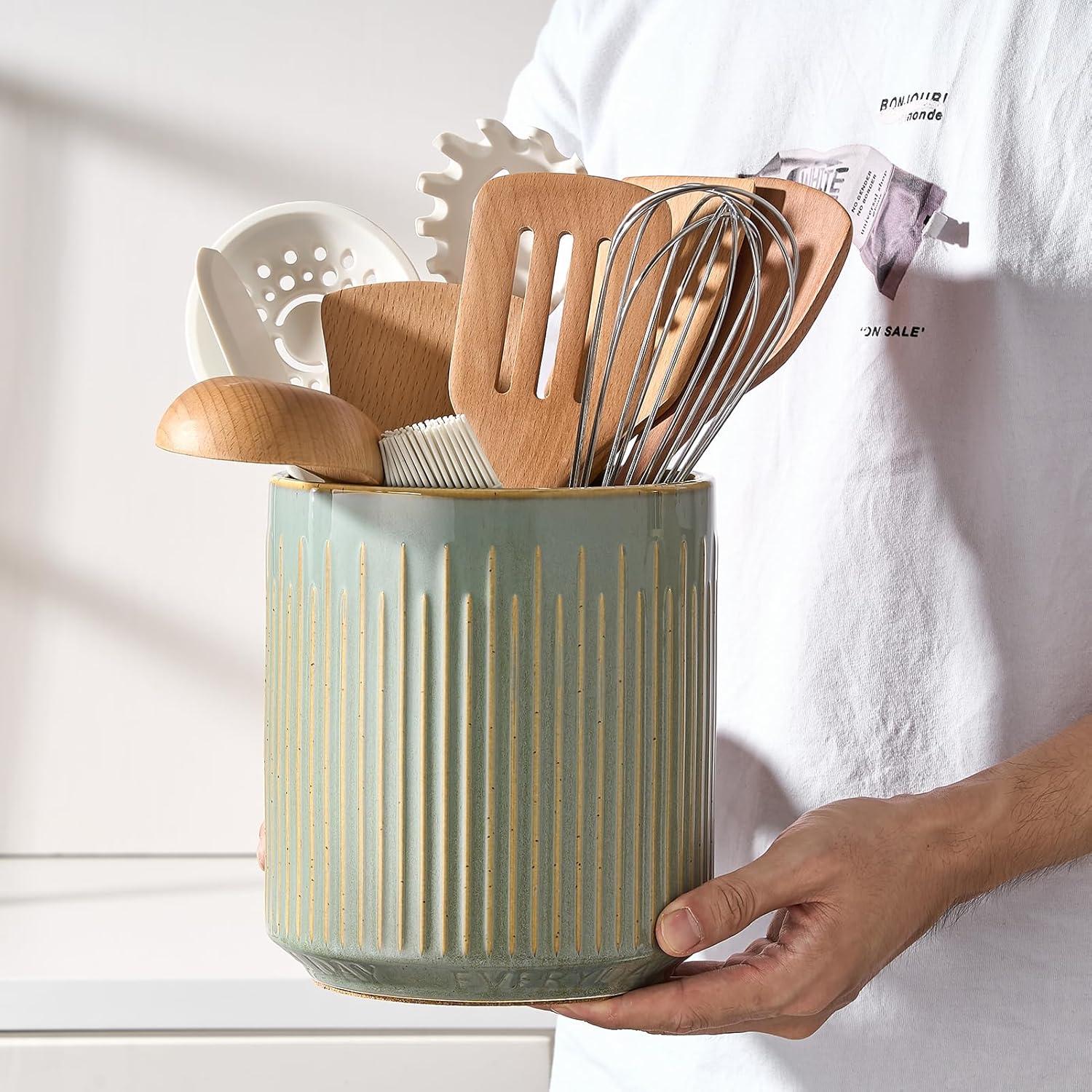 Green Ceramic Cylinder Kitchen Utensil Crock with Bamboo Divider