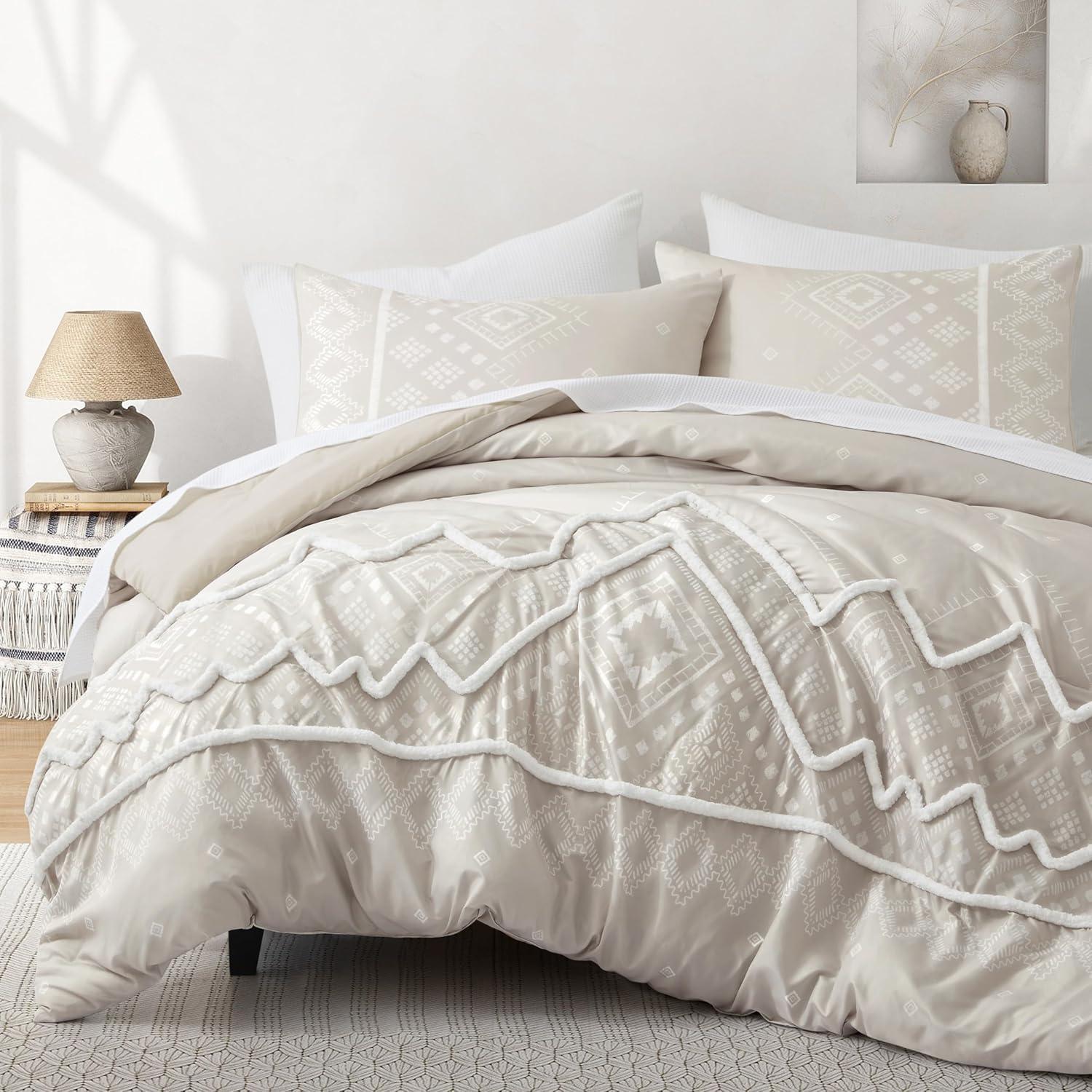 Oli Anderson Cream King Comforter Set Tufted Bedding Set King 3 Pieces, Boho Shabby Chic Comforter with 2 Pillowcases (Cream,King)