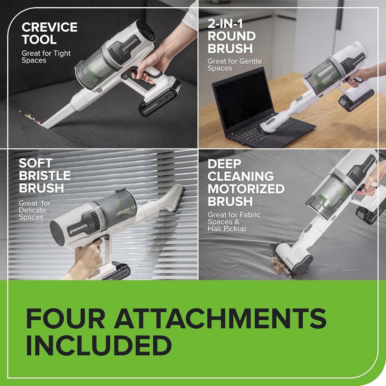 Greenworks 24V Brushless Cordless Stick Vacuum, Lightweight, Handheld, Pet, Anti-Allergen HEPA Filtration, Hard Floor, Carpet, Car, 4Ah Battery, and 30-Minute Charge Time (White)