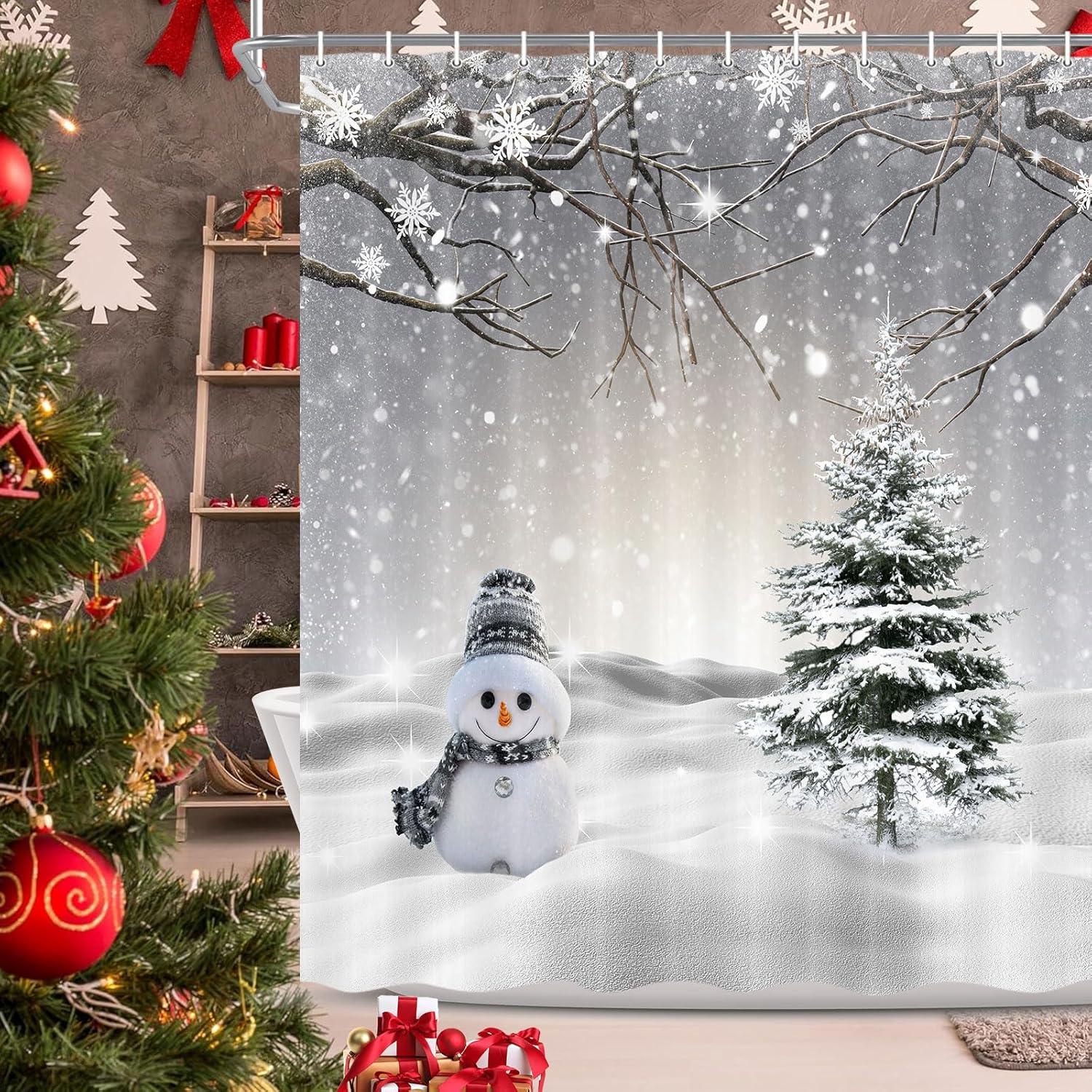 Farmhouse Winter Christmas Shower Curtain, Cute Snowman Snow Forest Pine Tree Scene Shower Curtain For Bathroom Rustic Xmas Snowflake Holiday Gray Bathroom Accessories Polyester 72"X72" With Hooks