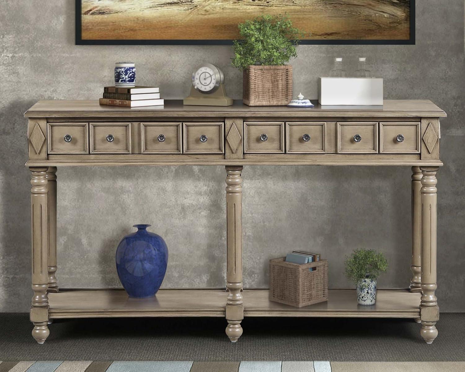 Rustic Brown 58" Pine Wood Console Table with Storage