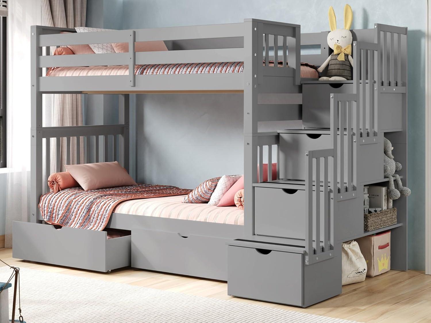 Bedz King Tall Stairway Bunk Beds Twin over Twin with 4 Drawers in the Steps and 2 Under Bed Drawers, Gray