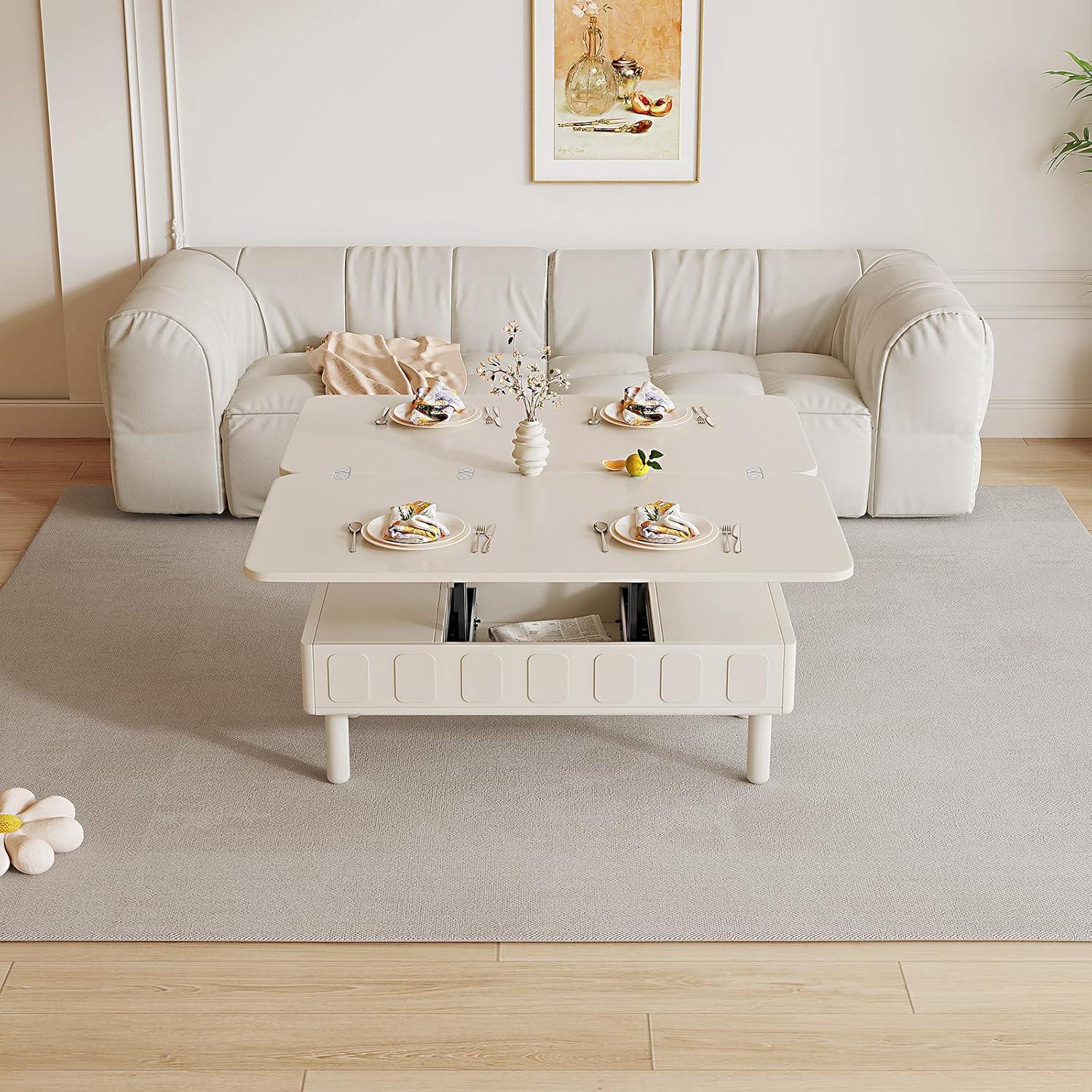 Guyii Extendable Coffee Table, 3-in-1 Lift Top Coffee Table with 2 Storage Drawers and Hidden Compartment for Living Room, Home, White