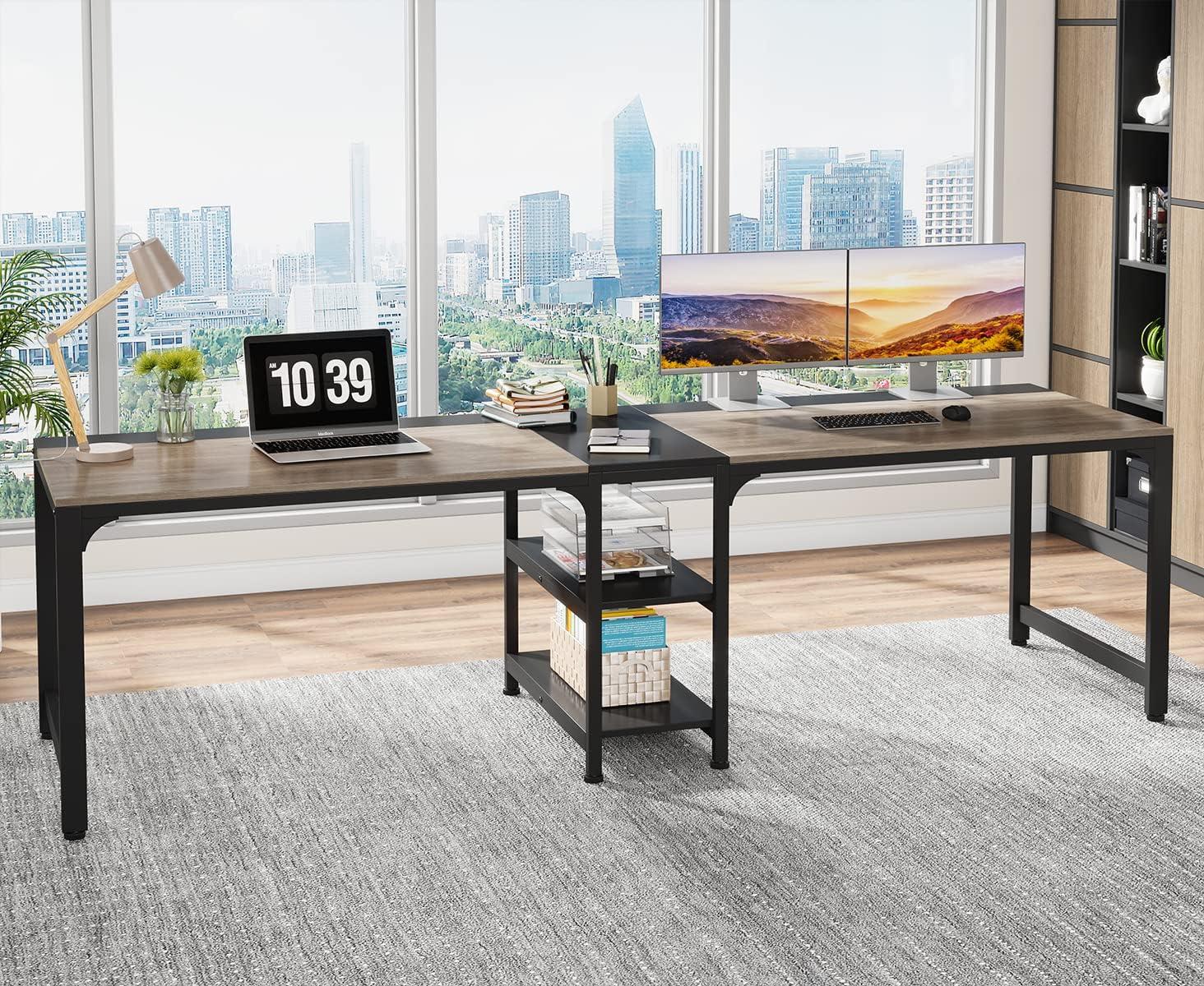 LITTLE TREE 90.55" Double Desk with Storage Shelf Gray/Black