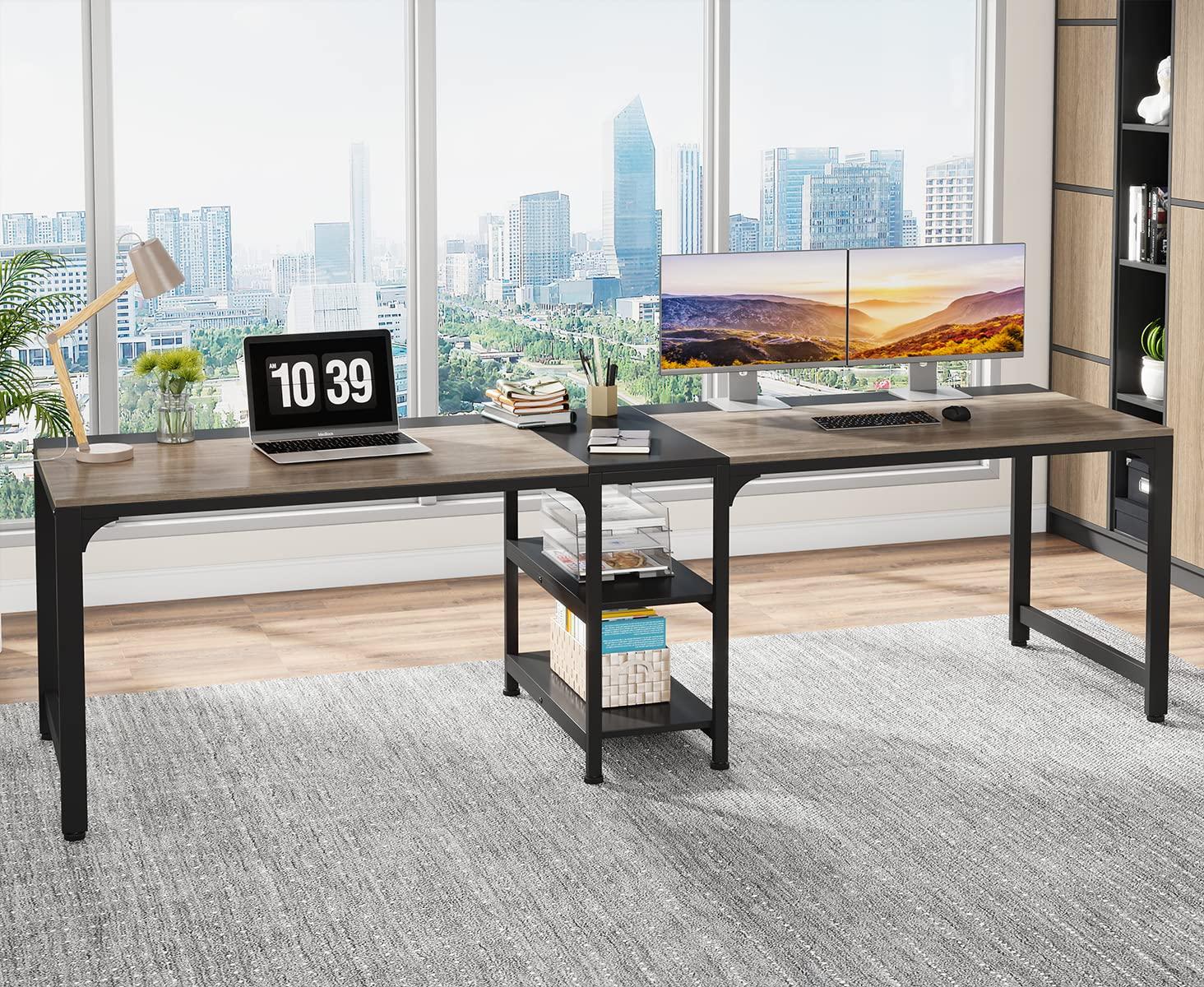 LITTLE TREE 90.55" Double Desk with Storage Shelf Gray/Black