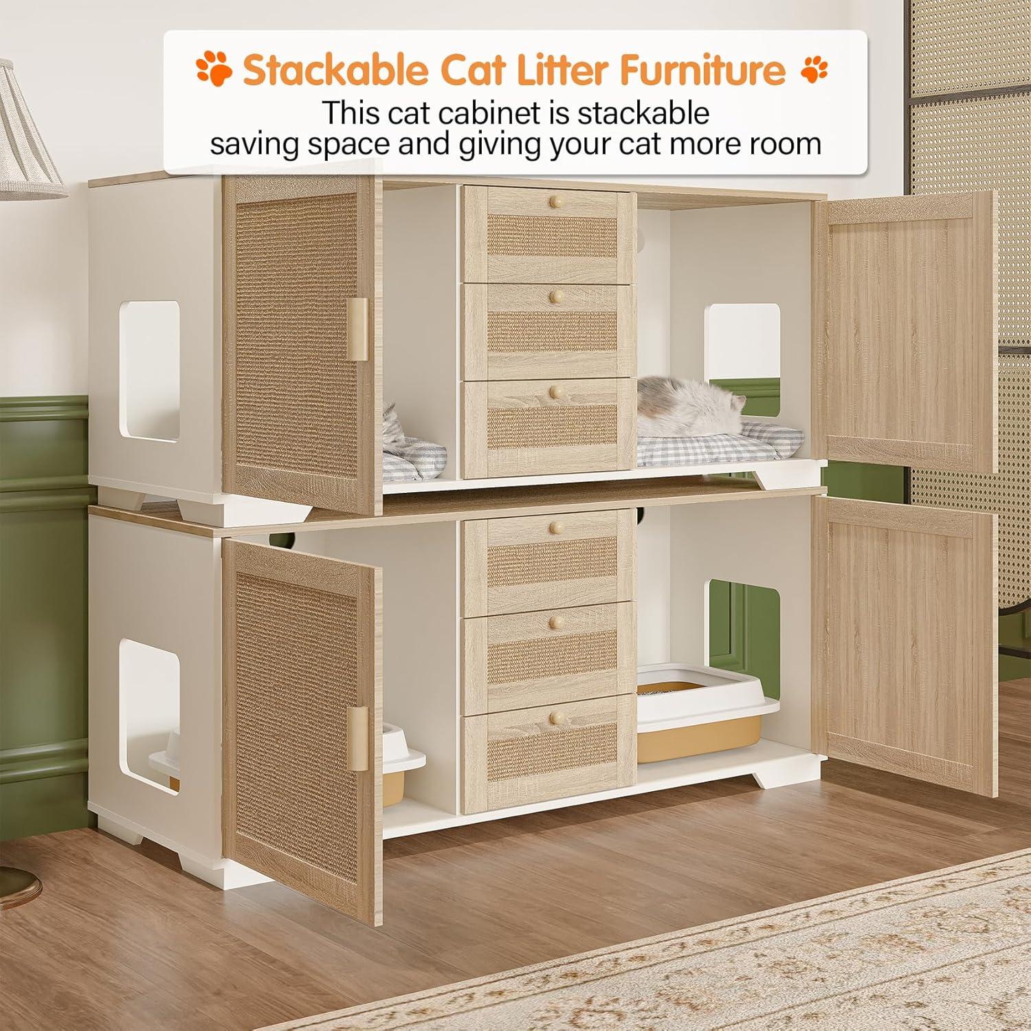 Tucker Murphy Pet™ Cat Litter Box Enclosure Indoor Wood Cat Furniture Cabinet With Scratching Pad Doors And 3 Drawer, 55”X20”X24”H