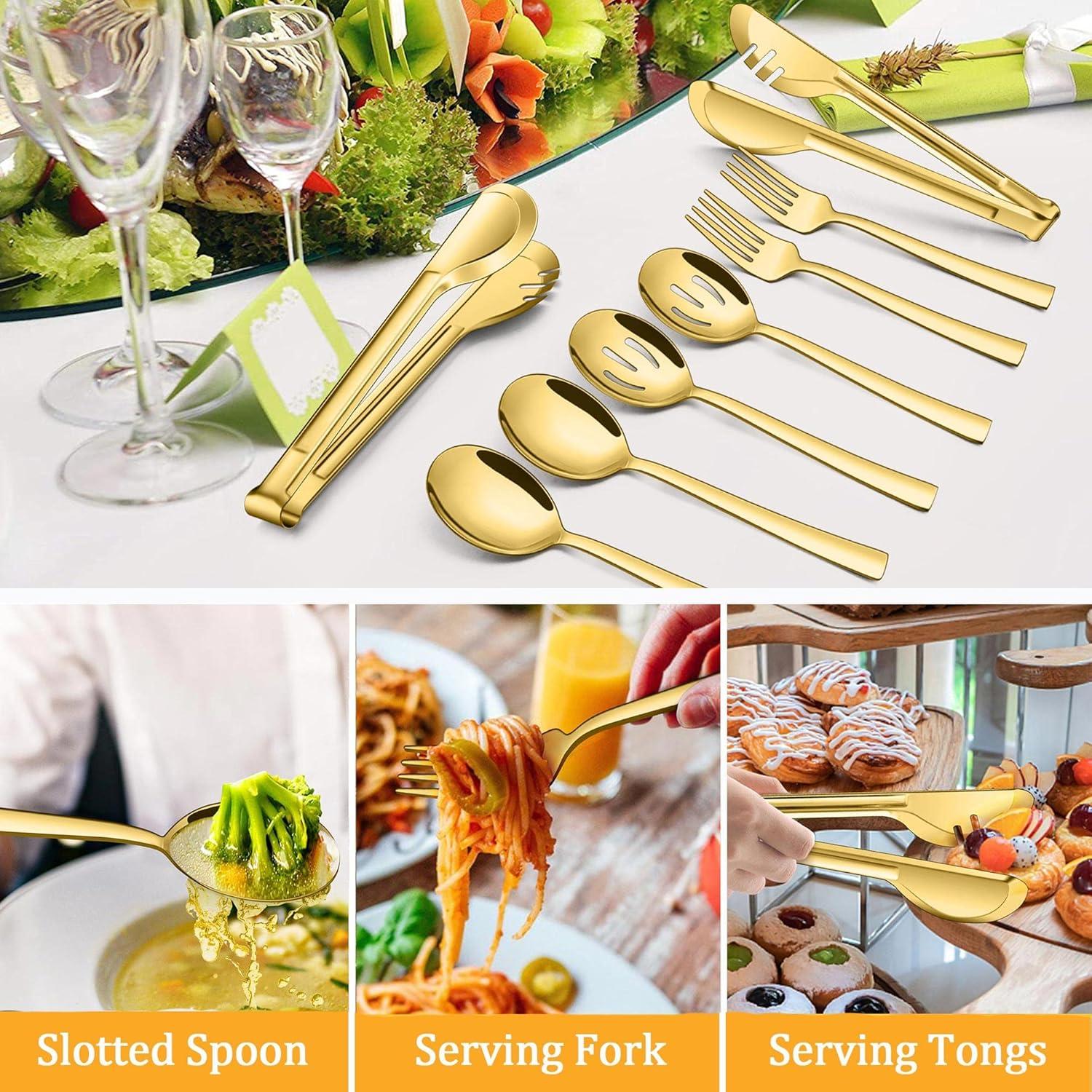 8-Piece Stainless Steel Serving Utensils Set - Includes Spoons, Forks, Tongs, Ideal For Weddings, Buffets, And Daily Use