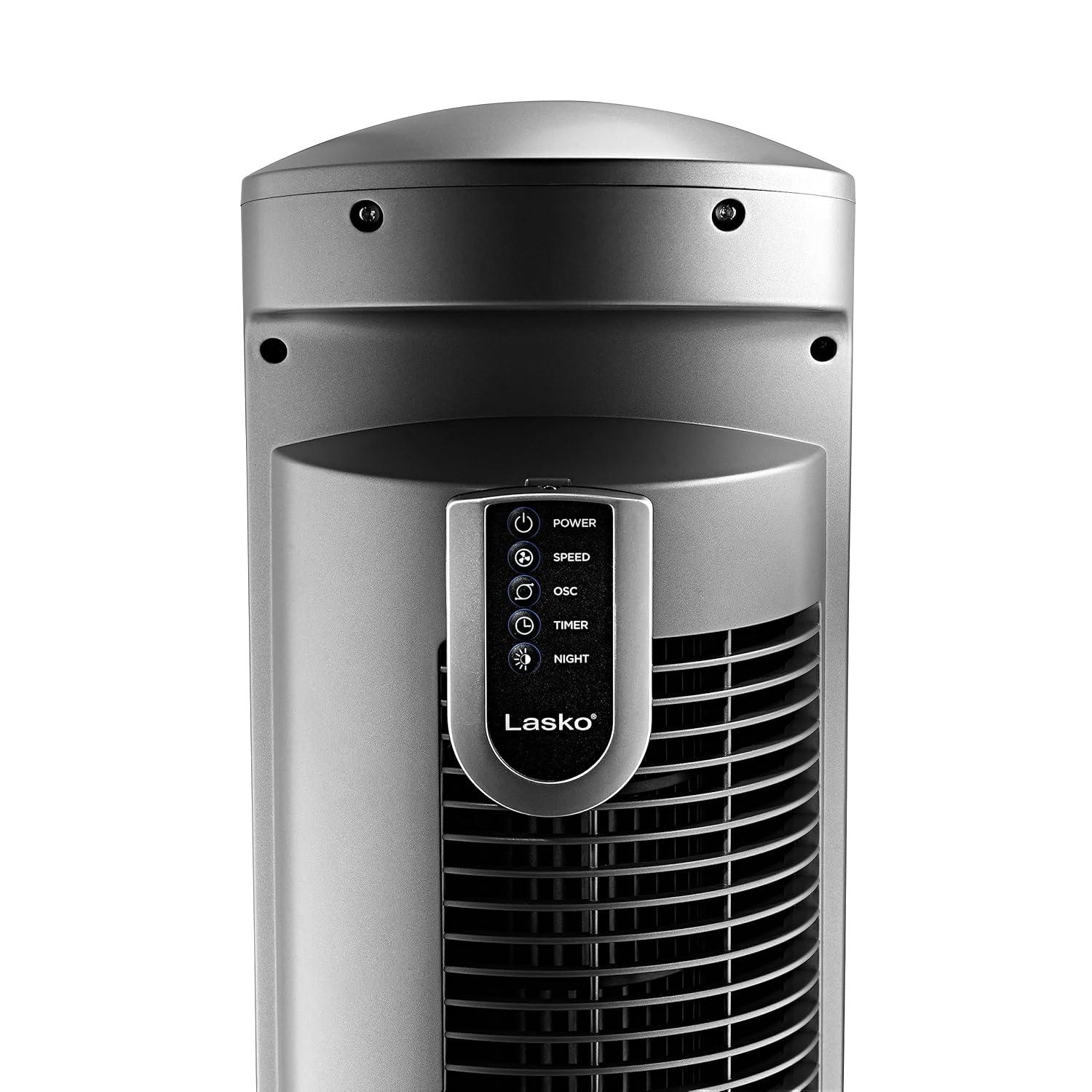 Lasko Wind Curve 42” 3-Speed Remote Controlled Oscillating Tower Fan, Silver, T42951 New