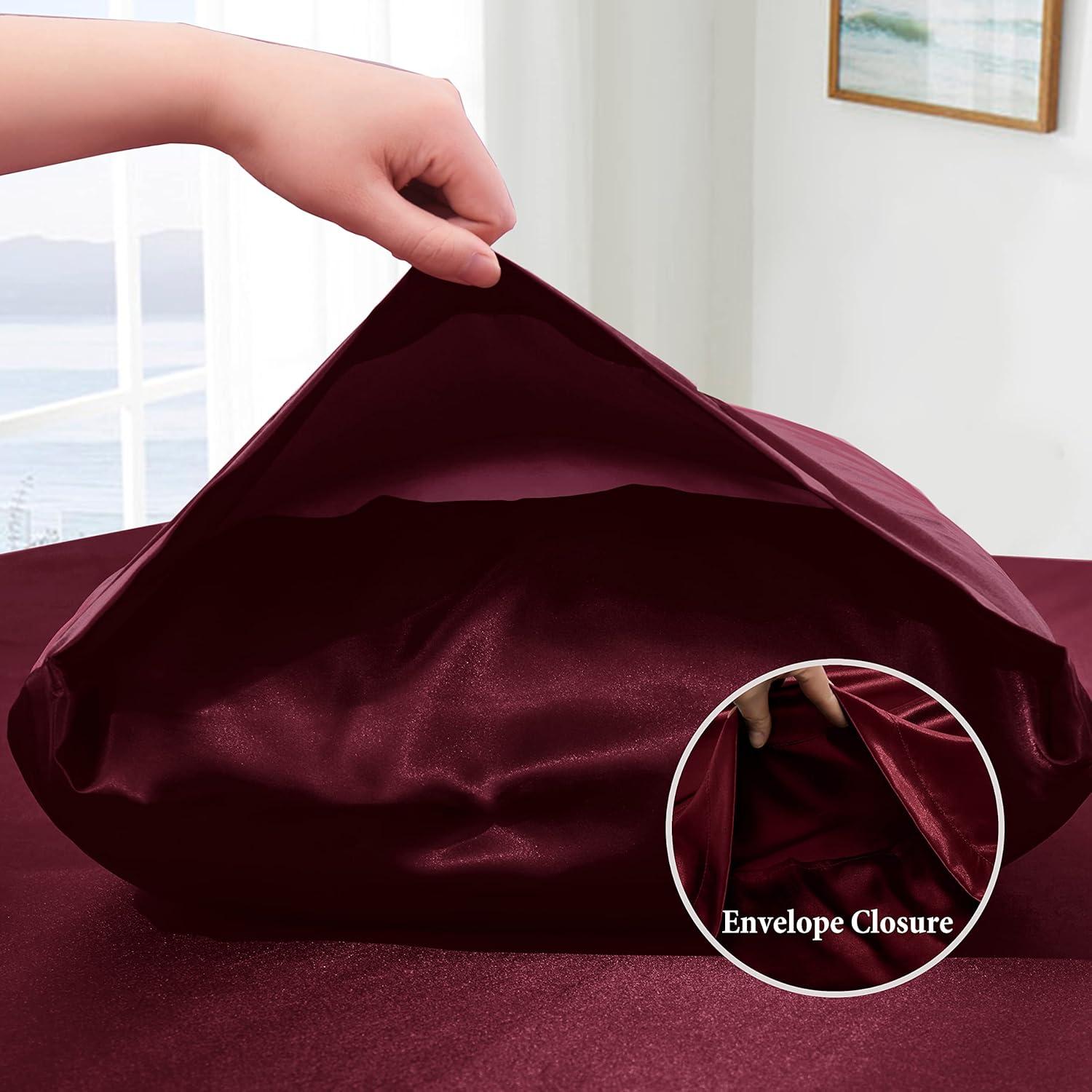Cloud Fino Luxurious Satin Bed Sheets Burgundy Silk Sheets King 15 " Deep Pocket Pillowcases Sheet, 4-Piece