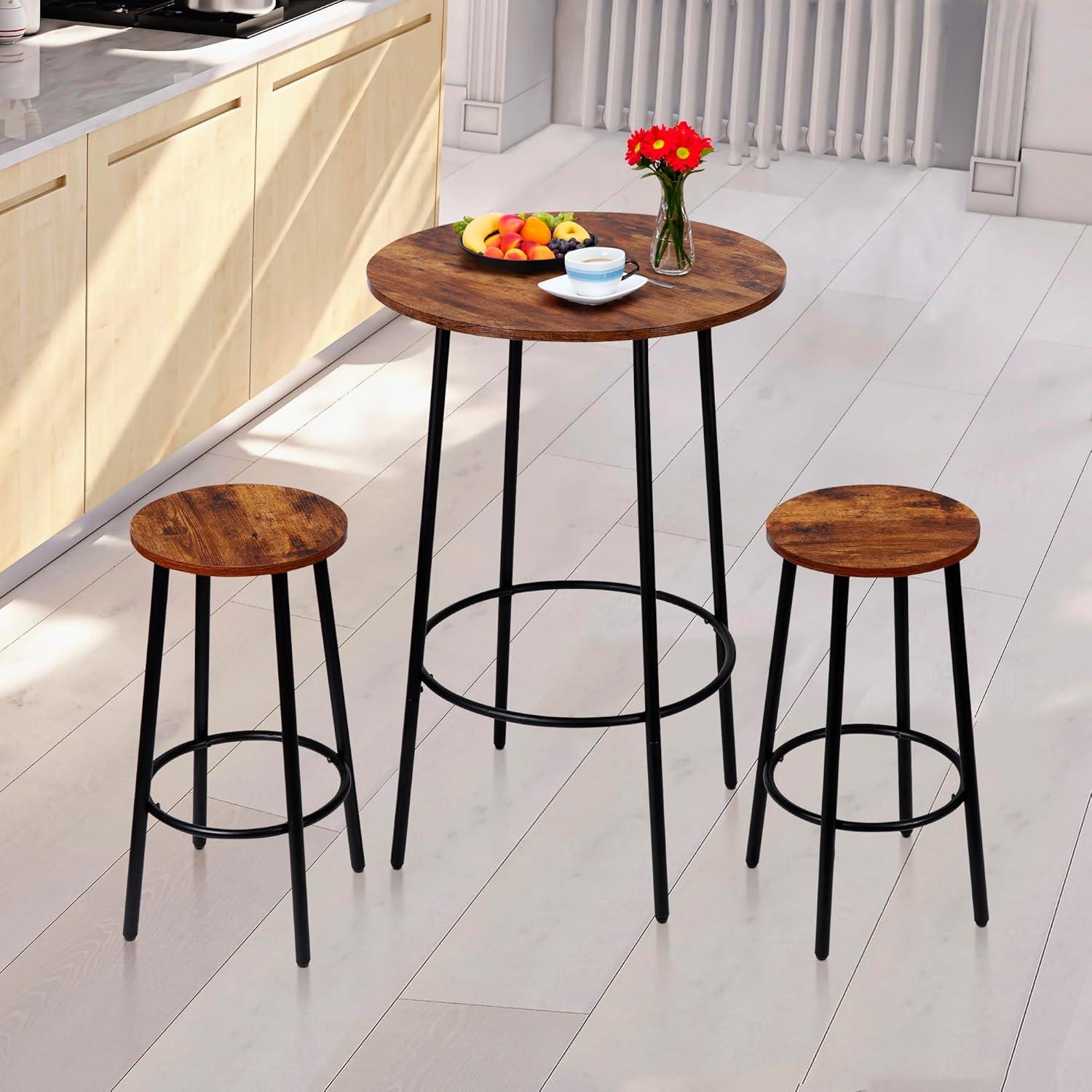 ZENSTYLE 3 Piece Pub Dining Table Set Wooden Round Breakfast Tables w/2 Bar Chairs Stools Brown