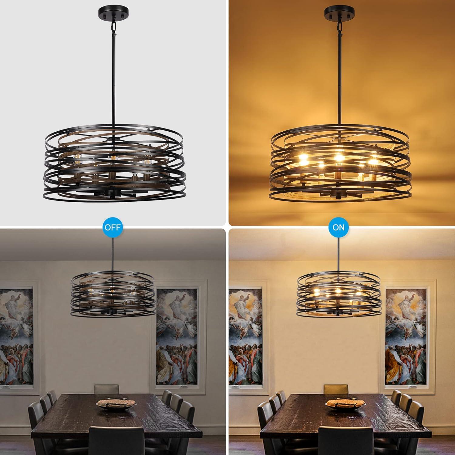 Dining Room Lighting Fixture, 5-Light Farmhouse Black Chandelier Drum Light, Round Metal with Retro Wood Texture Interior, E12 Bulbs Not Included