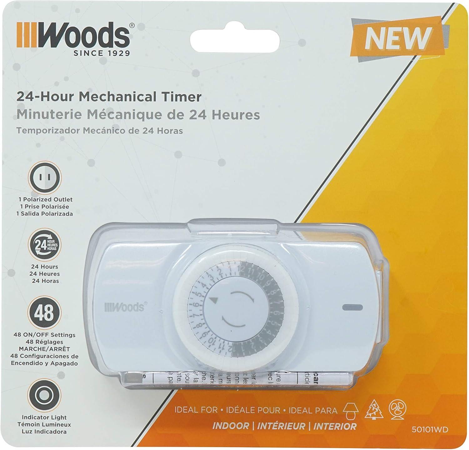 Woods 50101WD Easy-to-use Narrow Style Indoor 24-Hour Mechanical Timer, Single 2-prong (polarized) Outlet, White
