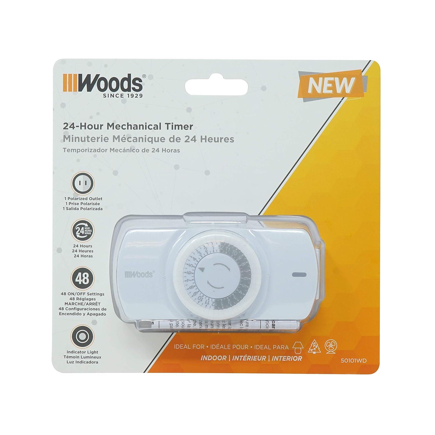 Woods 50101WD Easy-to-use Narrow Style Indoor 24-Hour Mechanical Timer, Single 2-prong (polarized) Outlet, White