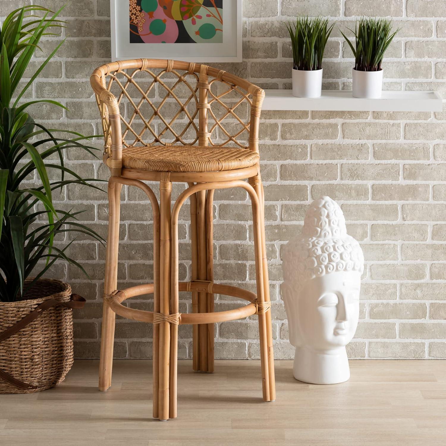 Natural Brown Rattan Bar Stool with Ergonomic Footrest