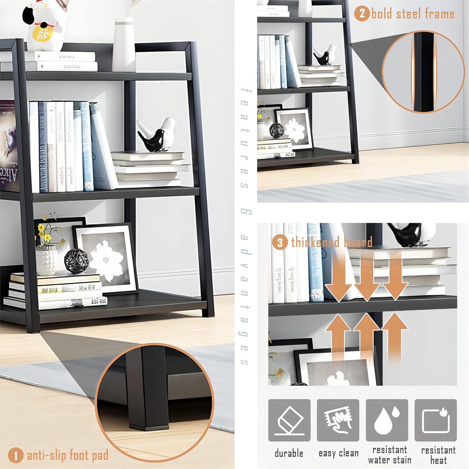 3 Tier Open Bookshelf - Steel and Wood Display Stand, 50CM Width Floor-Standing Bookcase, Black