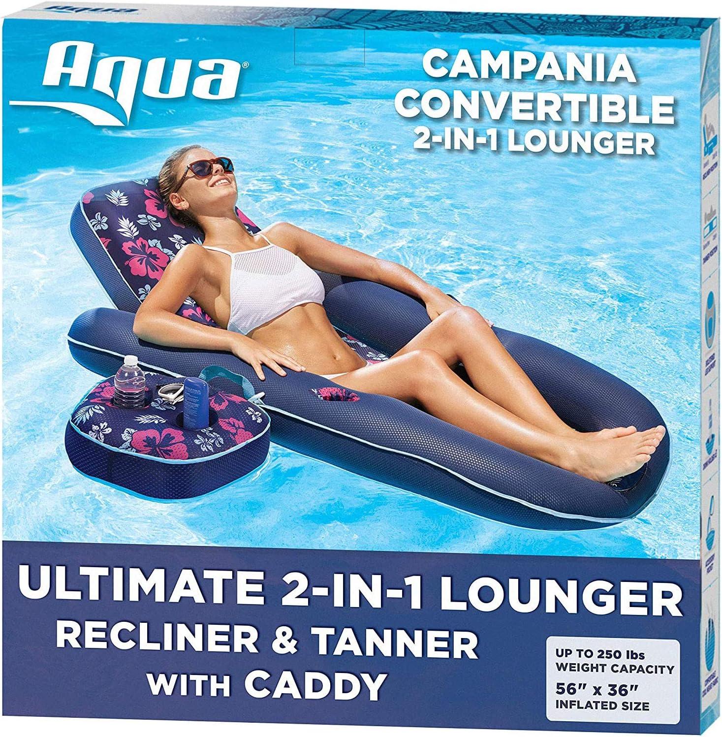 Aqua Leisure Campania Convertible 2 in 1 Pool Float Lounge/Caddy, Navy Hibiscus