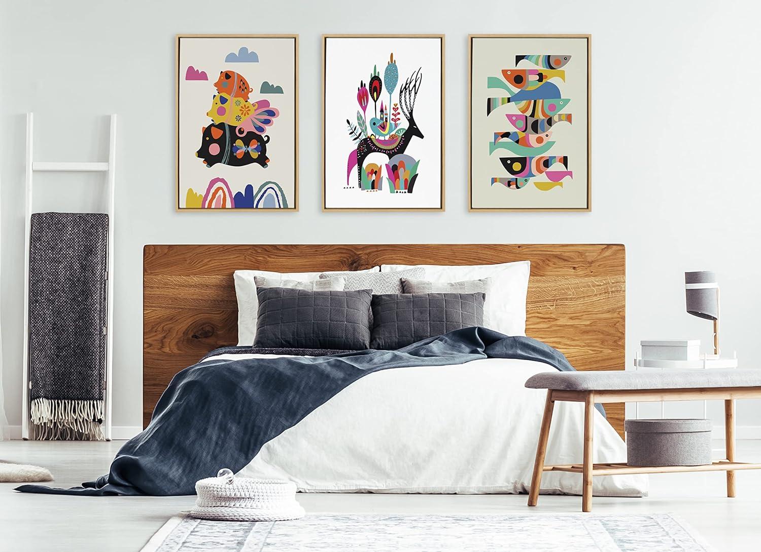 Kate and Laurel Sylvie Flying Pigs Framed Canvas Wall Art by Rachel Lee of My Dream Wall, 23x33 Natural, Colorful Abstract Animal Nursery Art for Wall