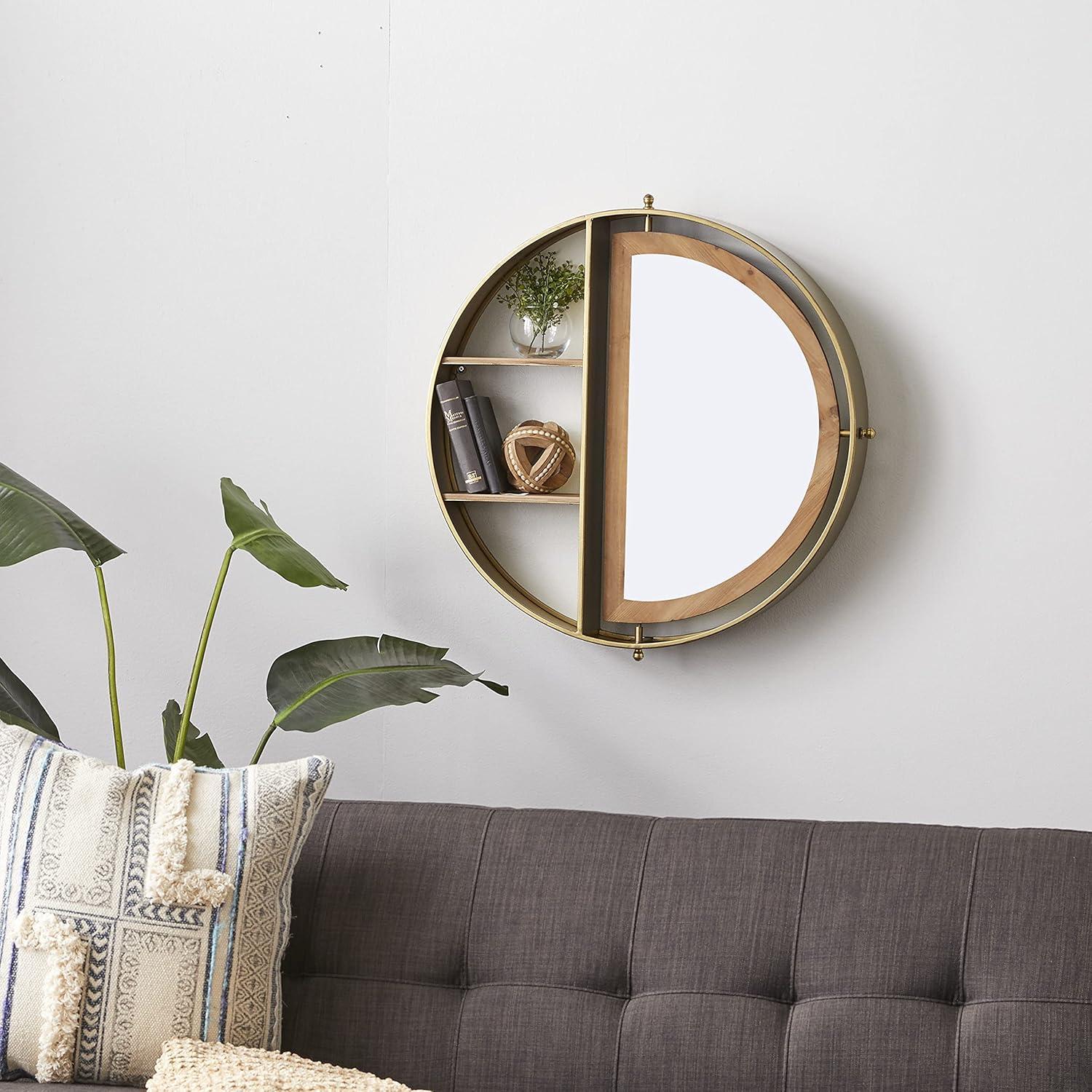 DecMode 28" x 5" 2-Tier Gold Wall Shelf with Half Moon Shaped Mirror