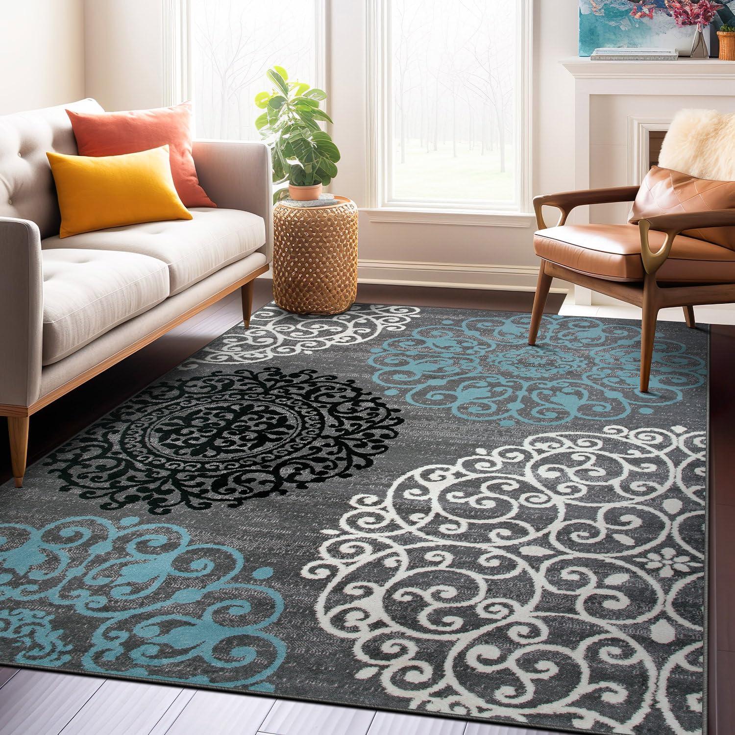 World Rug Gallery Floral Gray 5'3" x 7'3" Area Rug:  Botanical Pattern,  Pet Friendly,  Stain-Resistant,  Low Pile