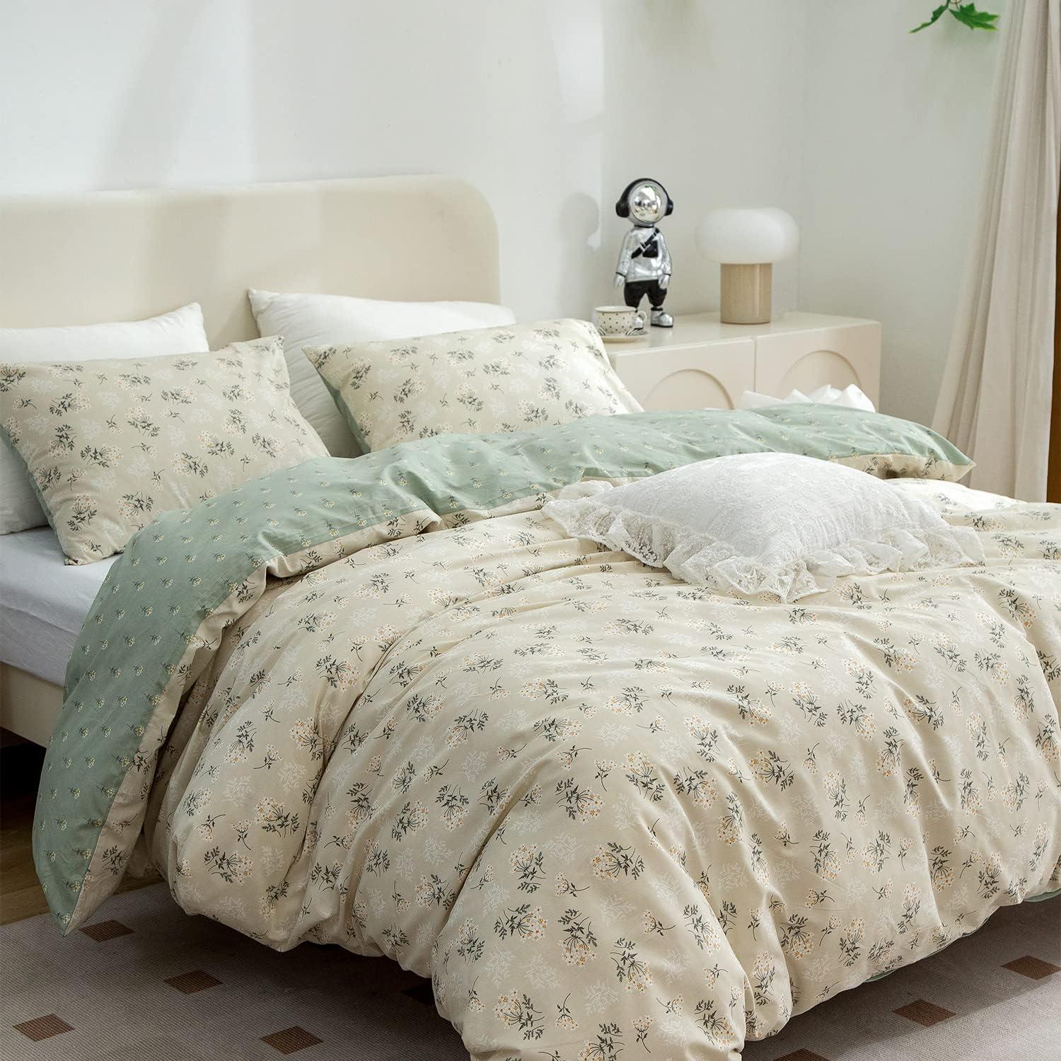 Floral Comforter Set King 3 Pieces Soft Chic Garden Style Green Floral Print Lightweight Botanical Flower Comforter Set for All Seasons 1 Comforter and 2 Pillowcases