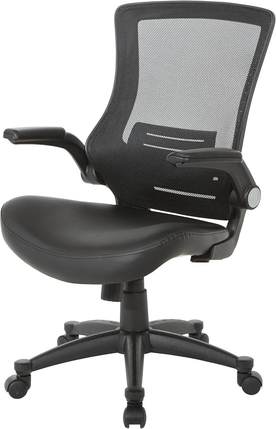 Office Star Products Screen Back Manager's Chair in Black Faux Leather Seat with PU Padded Flip Arms with Silver Accents