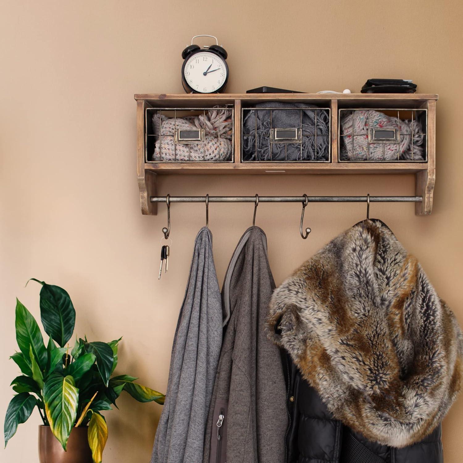 HBCY Creations Rustic Coat Rack Wall Mounted Shelf with Hooks & Baskets, Entryway Organizer Wall Shelf with 5 Coat Hooks and Cubbies, (Rustic Brown, 24 Inch)